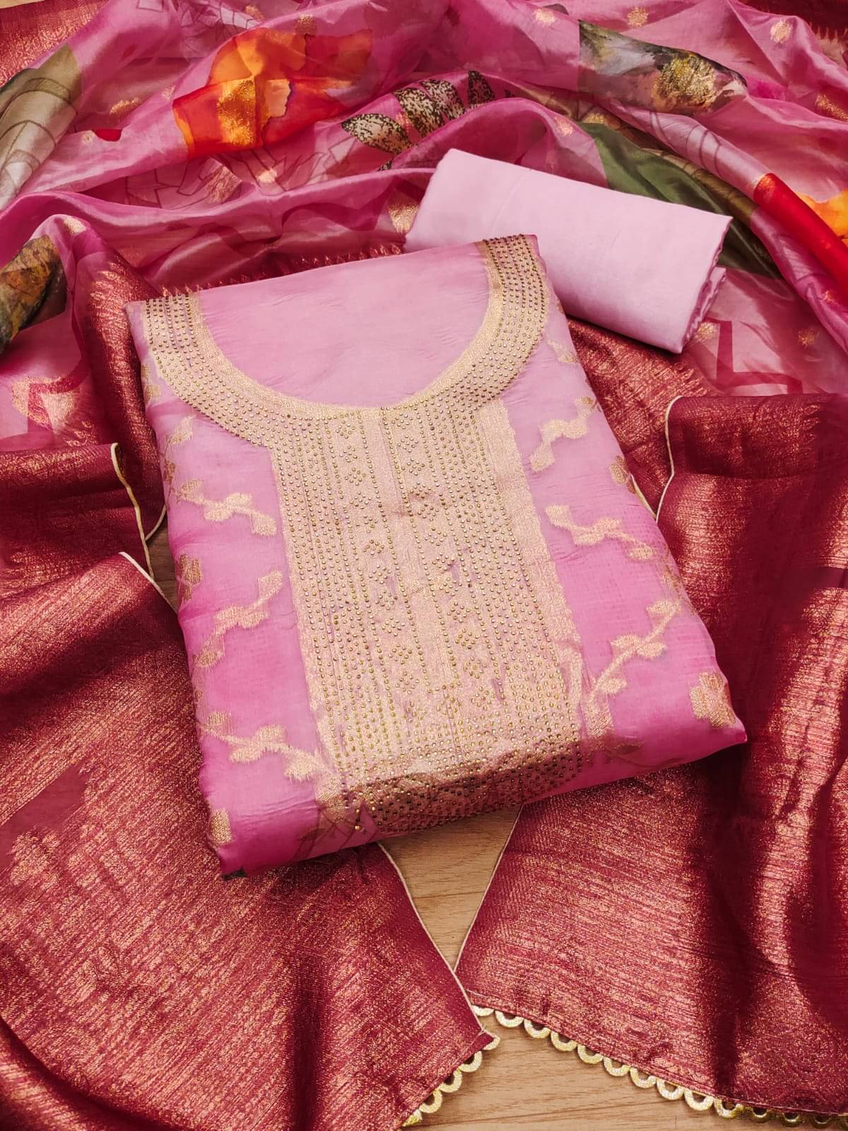     			HL SILKMILLS Women Organza Unstitched Dress Material ( Pink )