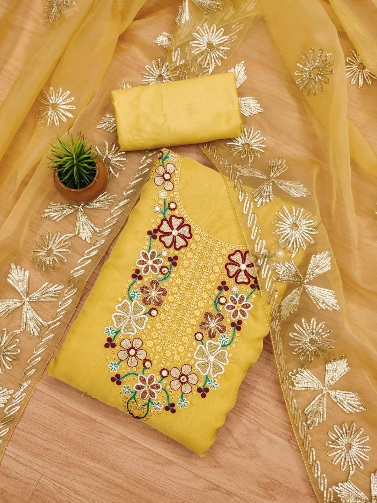     			HL SILKMILLS Women Organza Unstitched Dress Material ( Yellow )