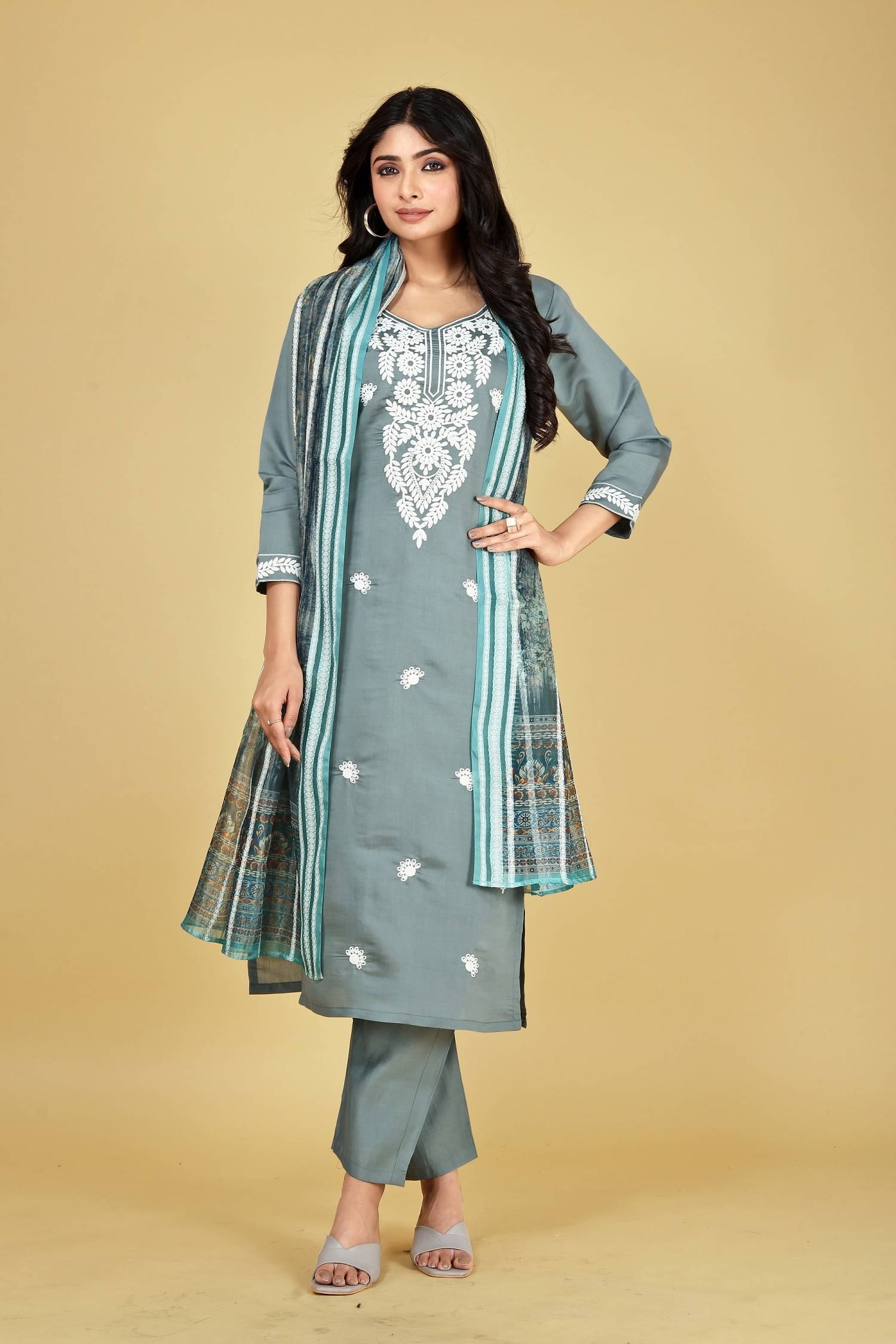     			JDS  LIFESTYLE Women Cotton Embroidered Straight Kurti with Dupatta ( Blue )