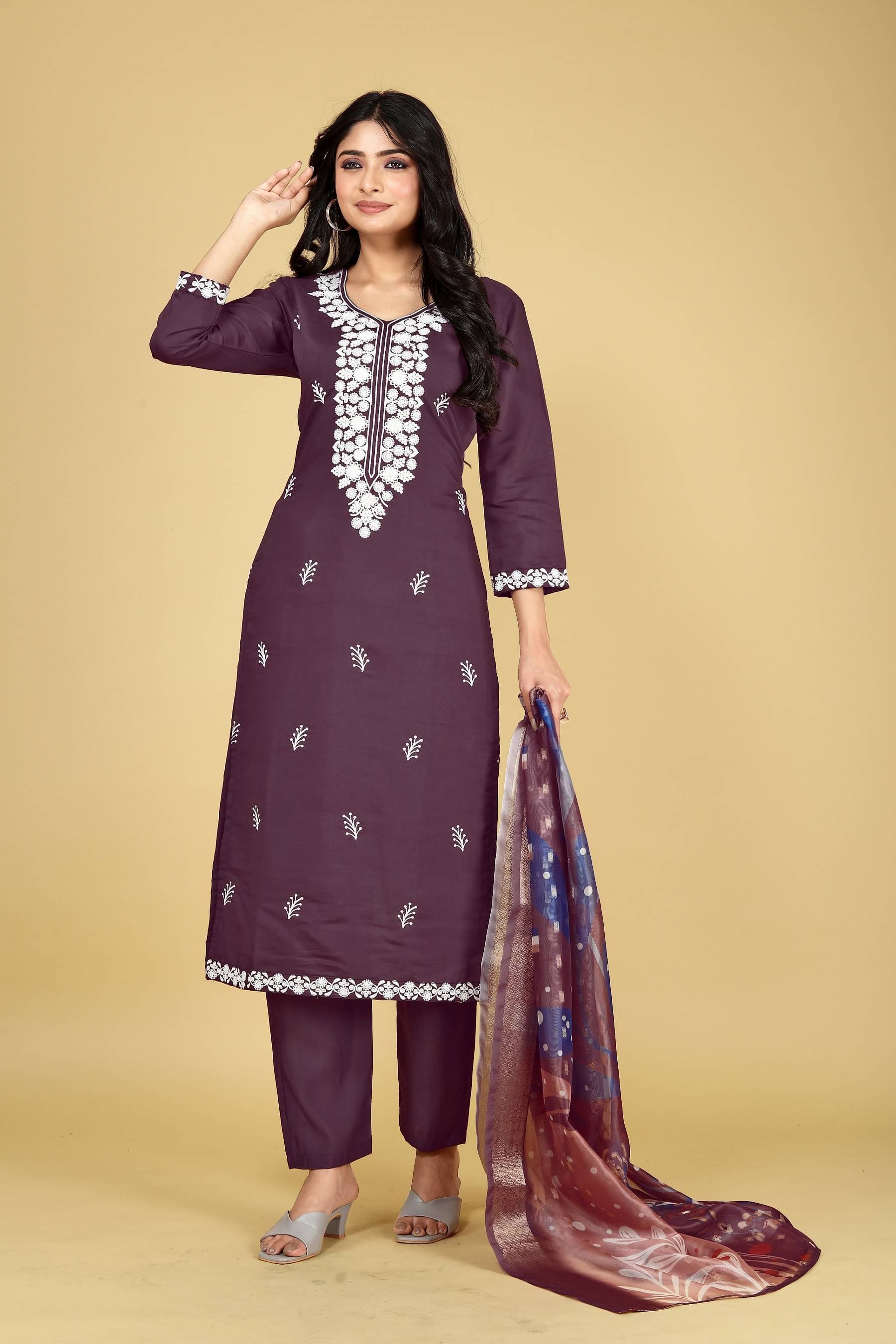     			JDS  LIFESTYLE Women Cotton Embroidered Straight Kurti with Dupatta ( Brown )
