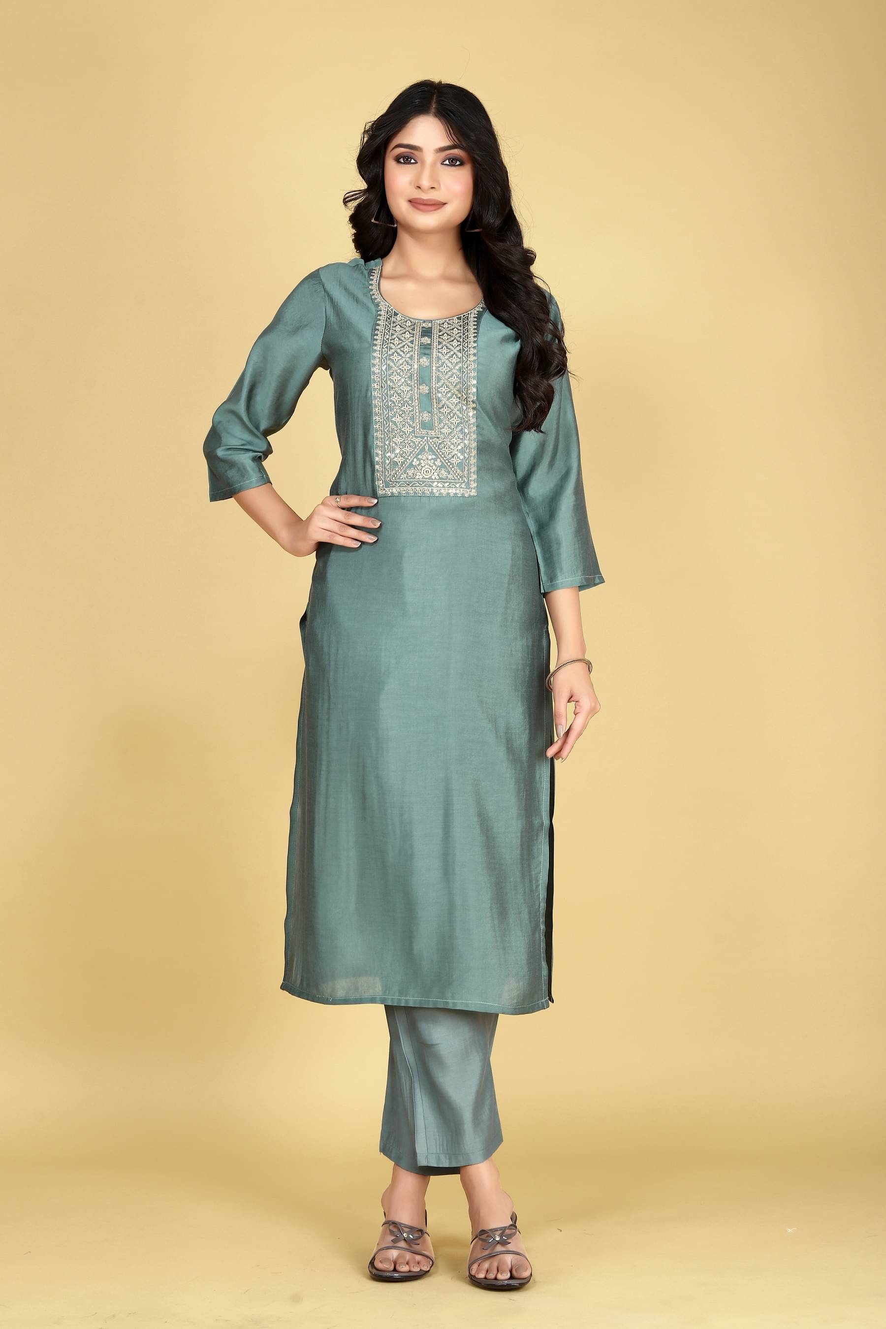 JDS LIFESTYLE Women Cotton Silk Embellished Straight Kurti With Pants ( Blue ) JDS LIFESTYLE Women Cotton Silk Embellished Straight Kurti With Pants ( Blue )
