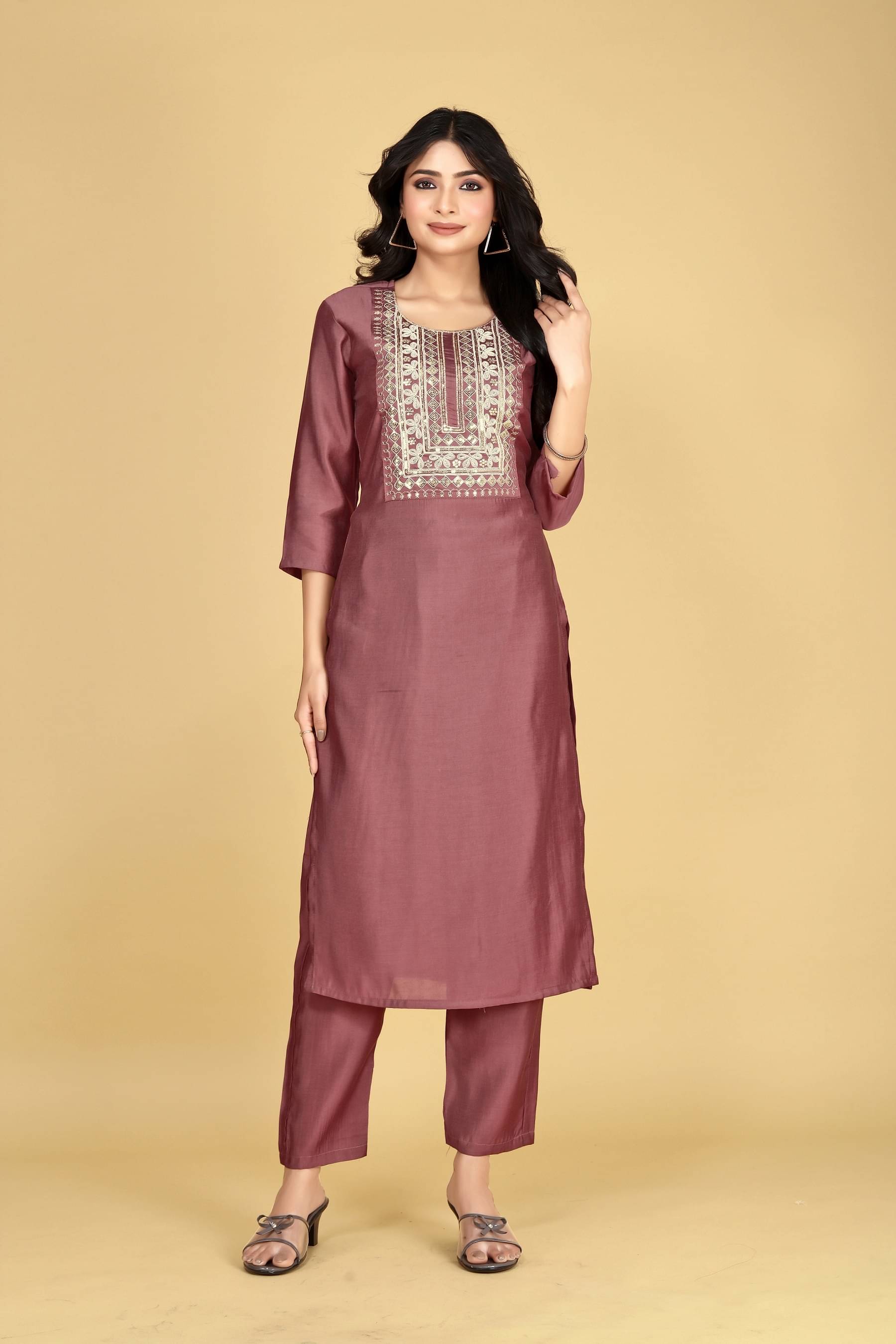 JDS LIFESTYLE Women Cotton Silk Embellished Straight Kurti With Pants ( Brown ) JDS LIFESTYLE Women Cotton Silk Embellished Straight Kurti With Pants ( Brown )