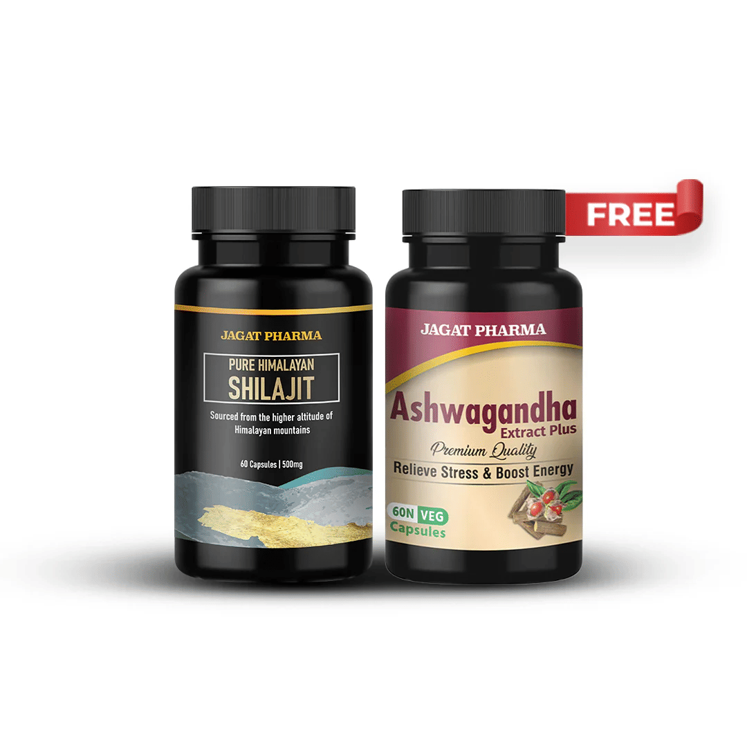     			Jagat Pharma Pure Himalayan Shilajit Capsules and Ashwagandha Capsules Combo pack 60 caps each