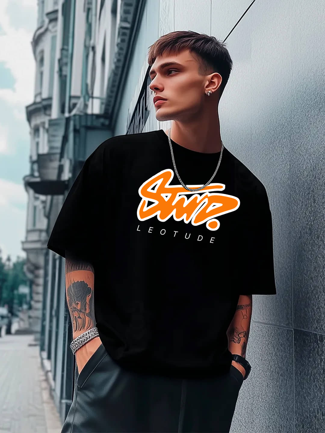 Leotude Men Cotton Blend Oversized Fit Printed T-Shirt ( Black )