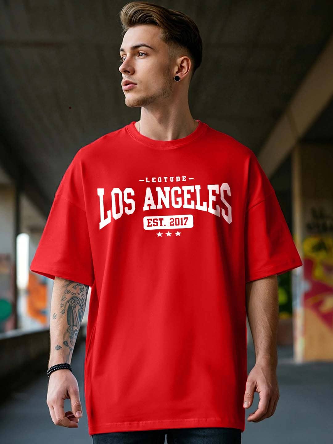 Leotude Men Cotton Blend Oversized Fit Printed T-Shirt ( Red )