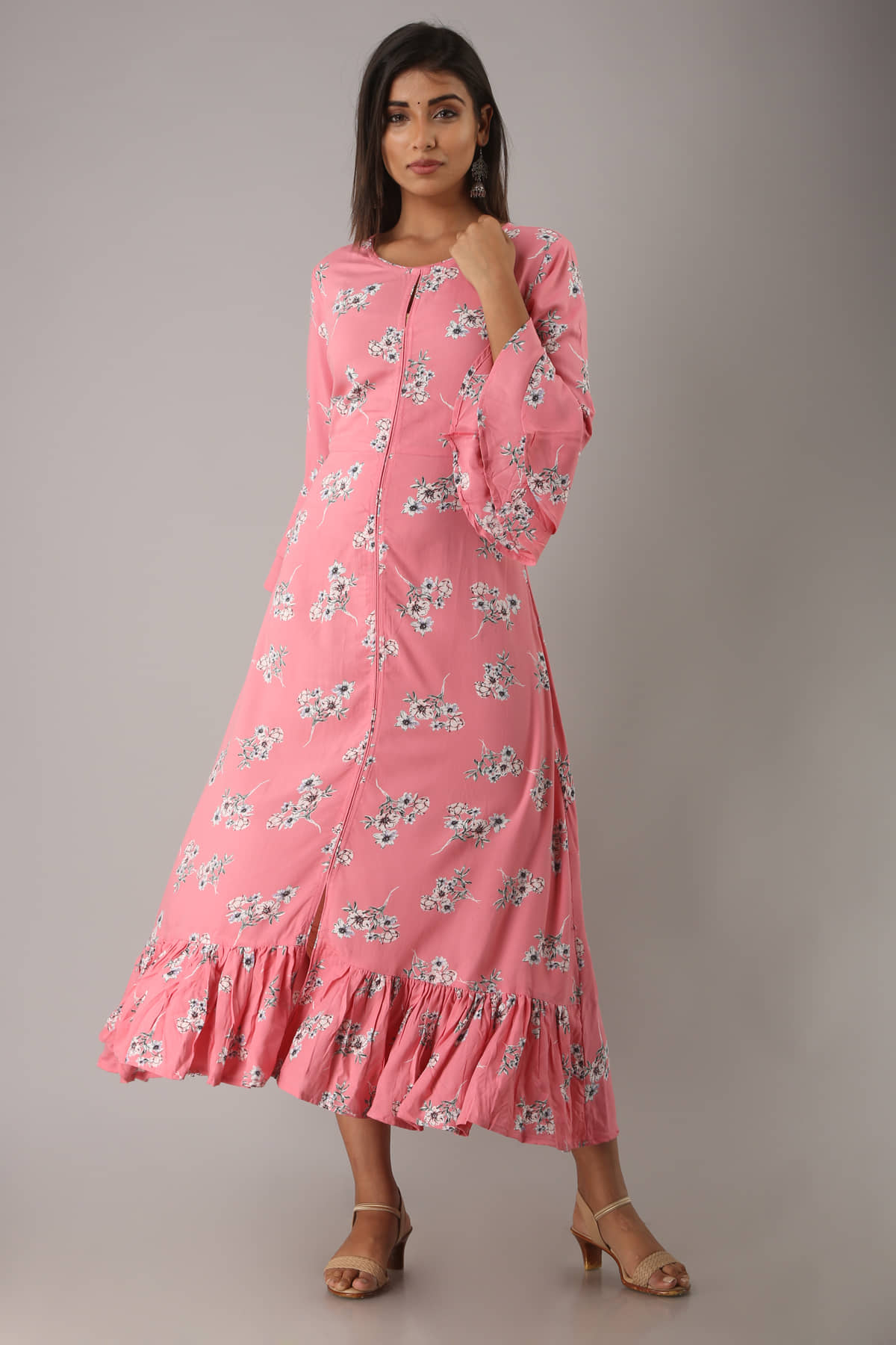 MAUKA Women Rayon Anarkali Stitched Ethnic Gown ( Pink ) - Unstitched Fabrics | Buy online on ZillyBuy