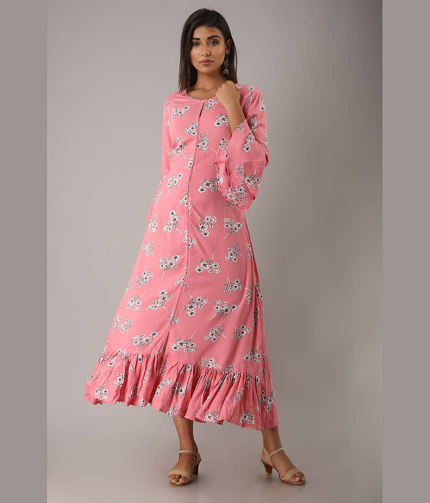 MAUKA Women Rayon Anarkali Stitched Ethnic Gown ( Pink ) - Unstitched Fabrics | Buy online on ZillyBuy
