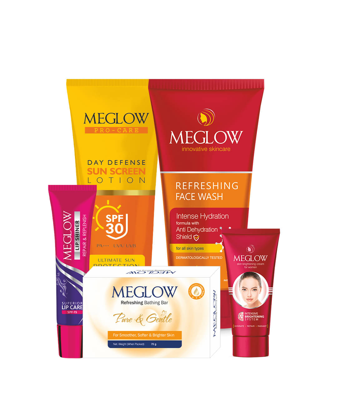 Meglow Self Care Combo for Women | Refreshing Soap, SPF30 Lotion & Glossy Lip Balm with Facewash & Brightening Cream Combo for Her| Cleanse, Protect, Nourish & Brighten Daily Meglow Self Care Combo for Women | Refreshing Soap, SPF30 Lotion & Glossy Lip Balm with Facewash & Brightening Cream Combo for Her| Cleanse, Protect, Nourish & Brighten Daily