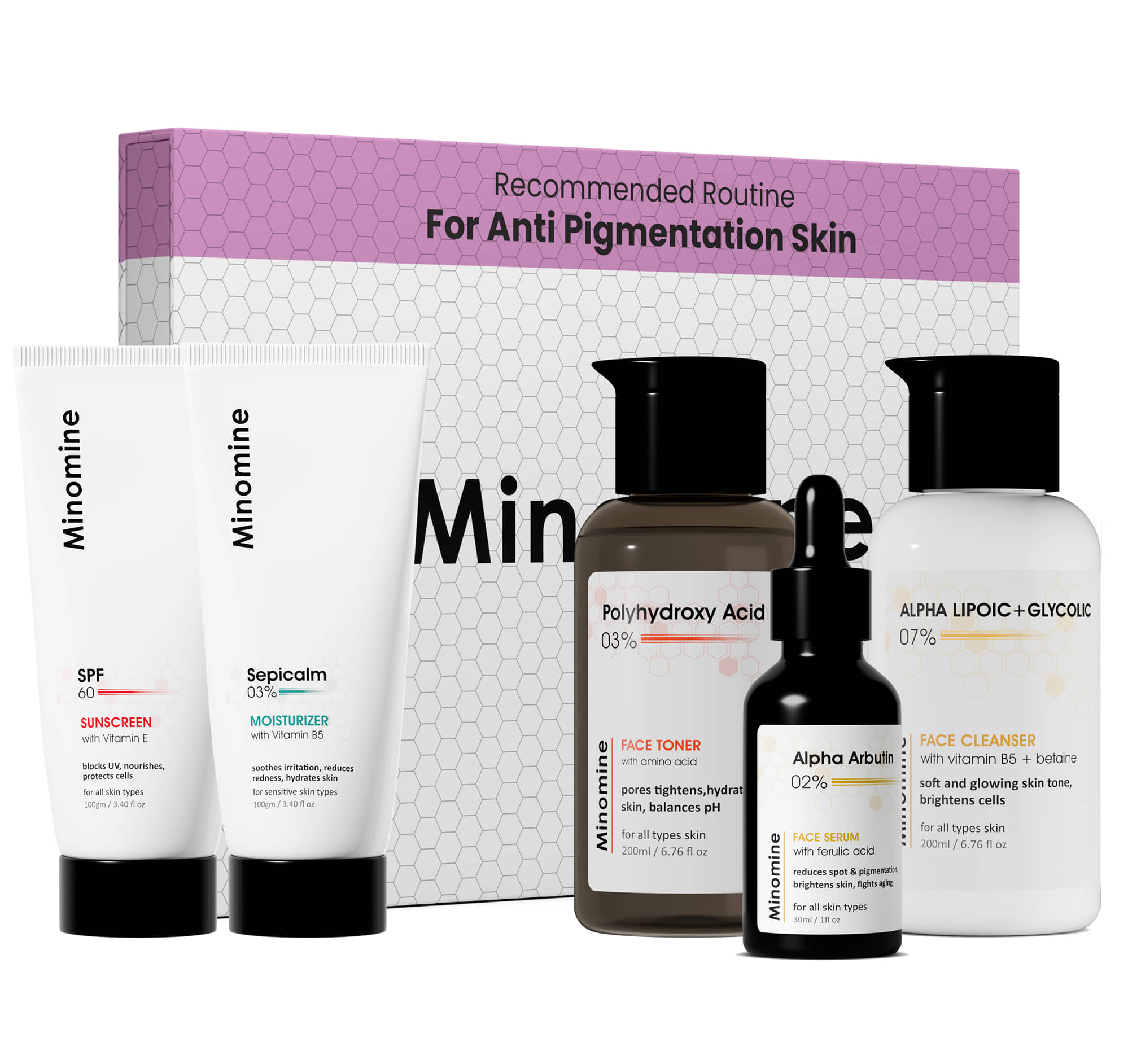 Minomine Anti-Pigmentation Skin, Gamechangers Skincare Routine Kit for Unisex | Alpha Lipoic Cleanser, Alpha Arbutin Serum, PHA Toner, Sepicalm Moisturizer & SPF 60 Moisturizer