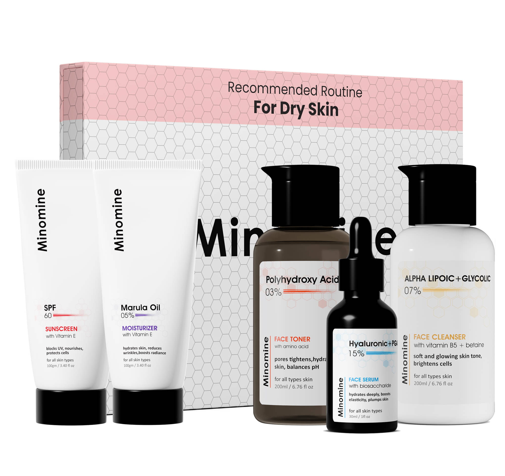     			Minomine Dry Skin, Gamechangers Skincare Routine Kit for Unisex | Alpha Lipoic Cleanser, Hyaluronic Serum, PHA Face Toner, Marula Oil Moisturizer & SPF 60 Moisturizer