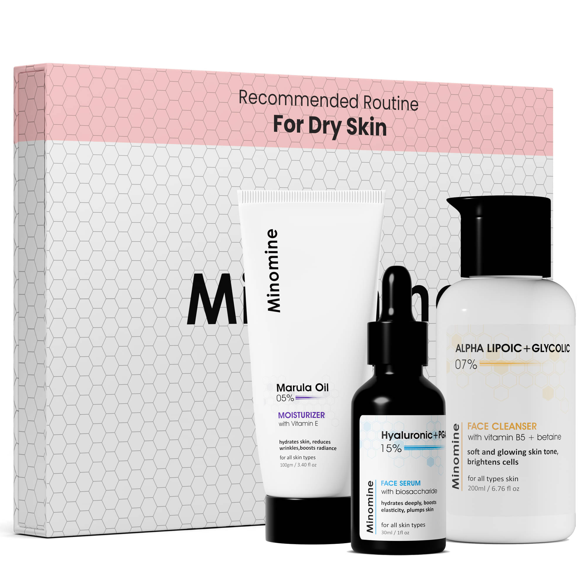     			Minomine Dry Skin Gamechangers Skincare Routine Kit for Unisex | Alpha Lipoic Cleanser, Hyaluronic Serum & Marula Oil Moisturizer