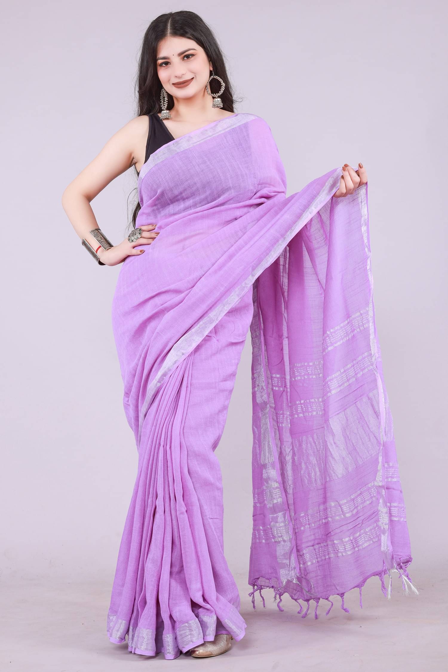     			NOITAERCPR Cotton Printed Saree With Unstitched Blouse Piece ( Purple )