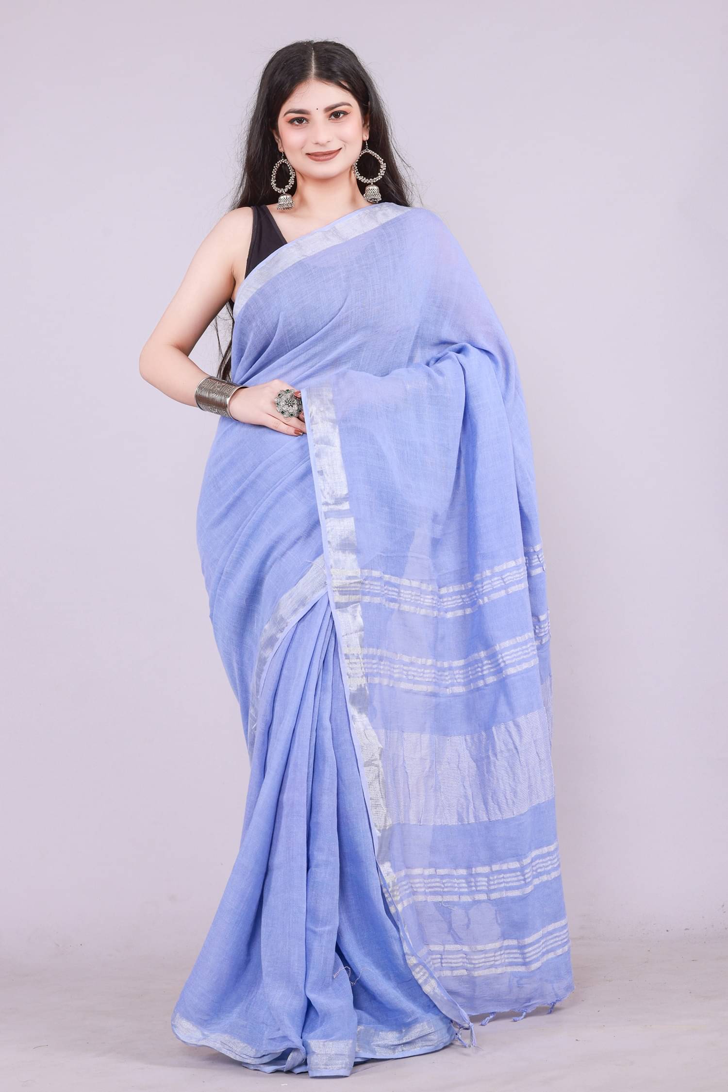     			NOITAERCPR Cotton Printed Saree With Unstitched Blouse Piece ( Light Blue )