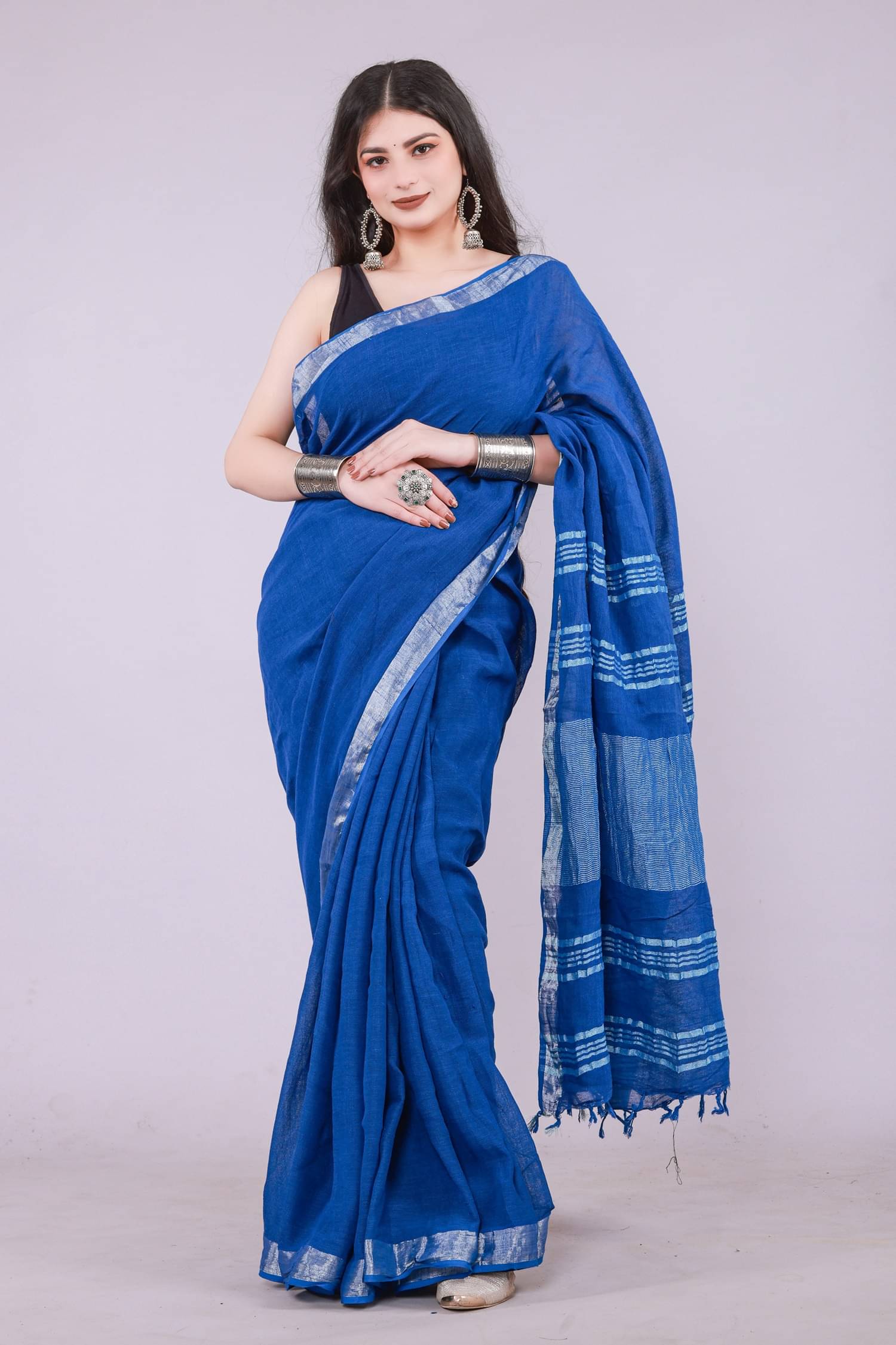     			NOITAERCPR Cotton Printed Saree With Unstitched Blouse Piece ( Blue )