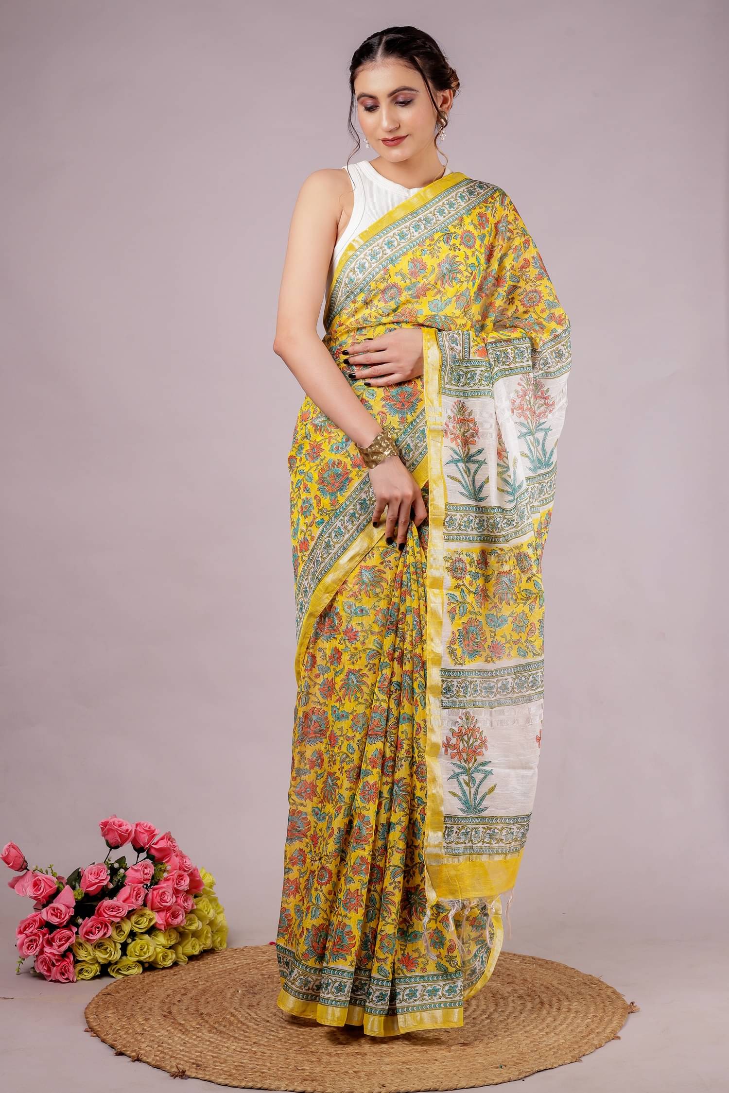     			NOITAERCPR Cotton Printed Saree With Unstitched Blouse Piece ( Yellow )