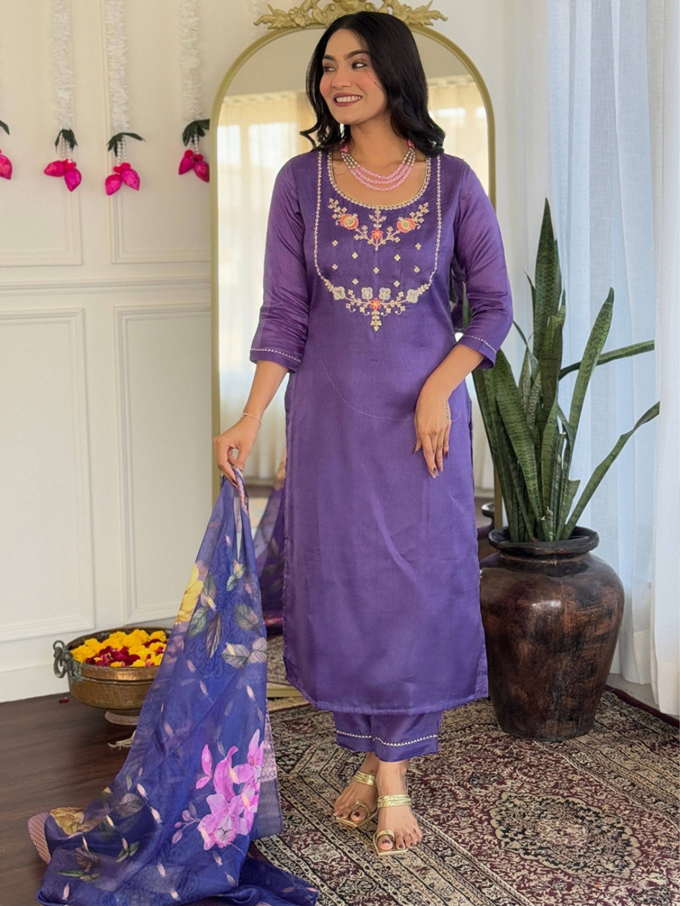     			Niza Fashion Women Viscose Embroidered Straight Kurti With Pants ( Purple )