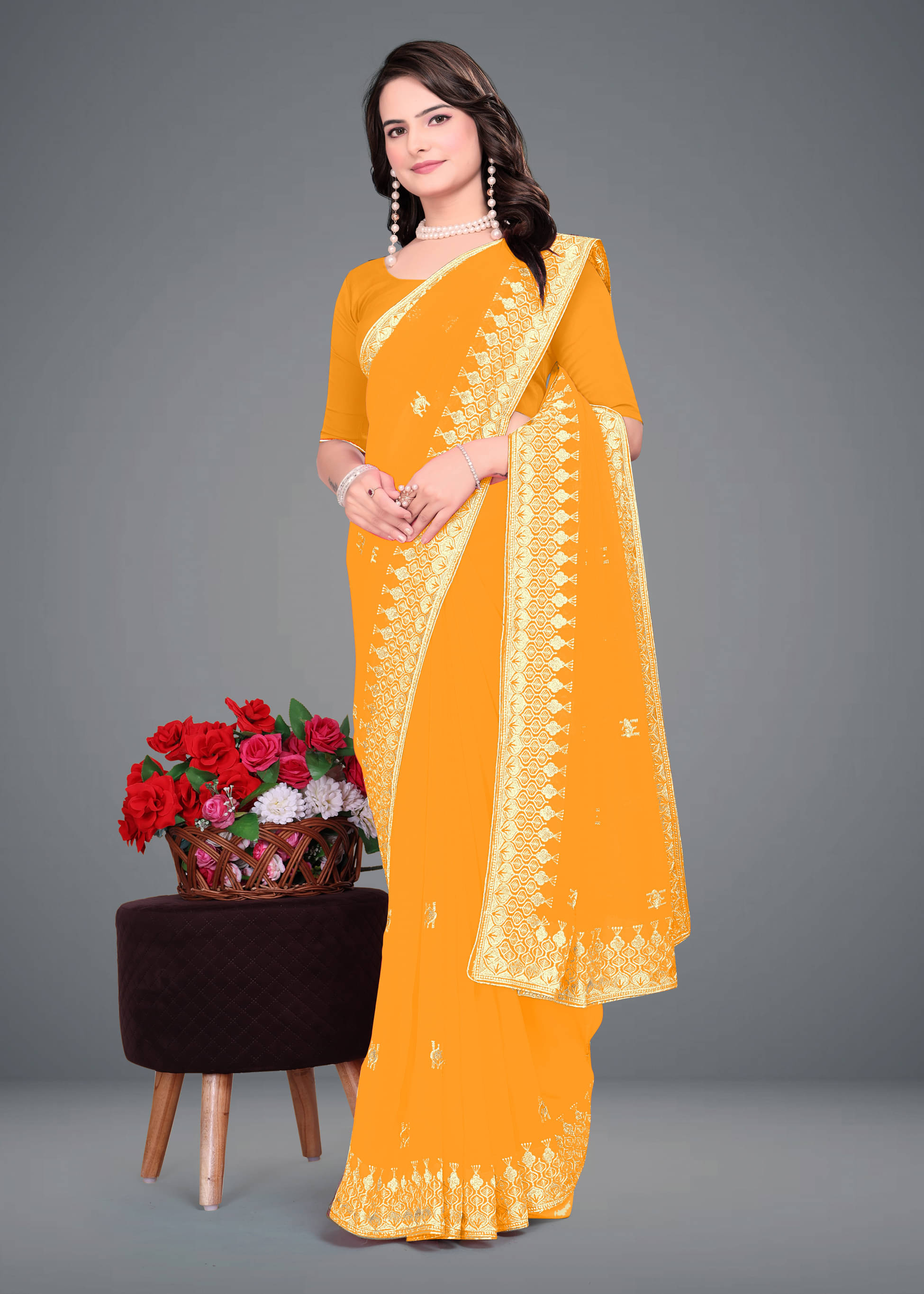     			Om Shantam Sarees Georgette Embroidered Saree With Unstitched Blouse Piece ( Yellow )