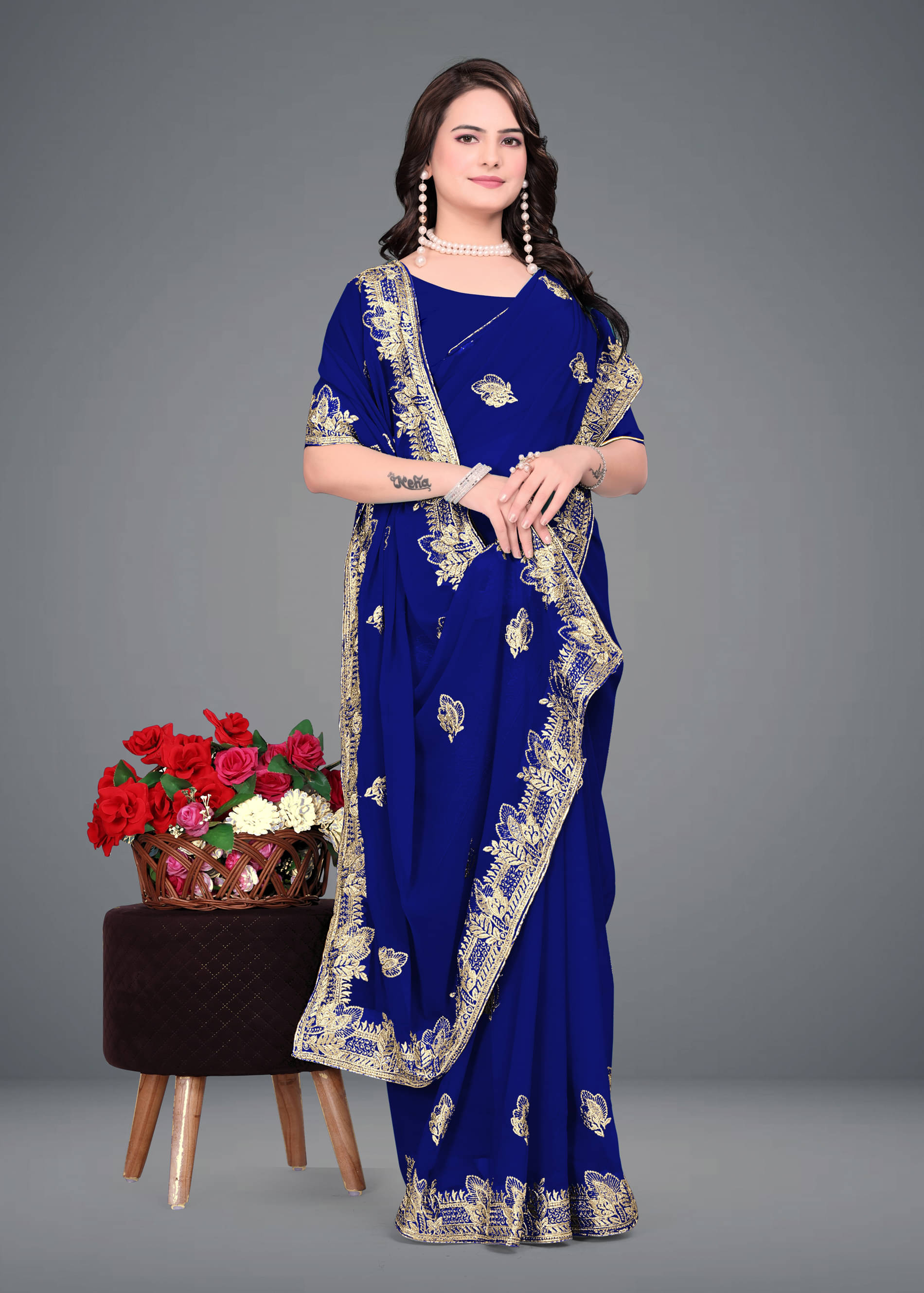Om Shantam Sarees Georgette Embroidered Saree With Unstitched Blouse Piece ( Navy Blue ) Om Shantam Sarees Georgette Embroidered Saree With Unstitched Blouse Piece ( Navy Blue )