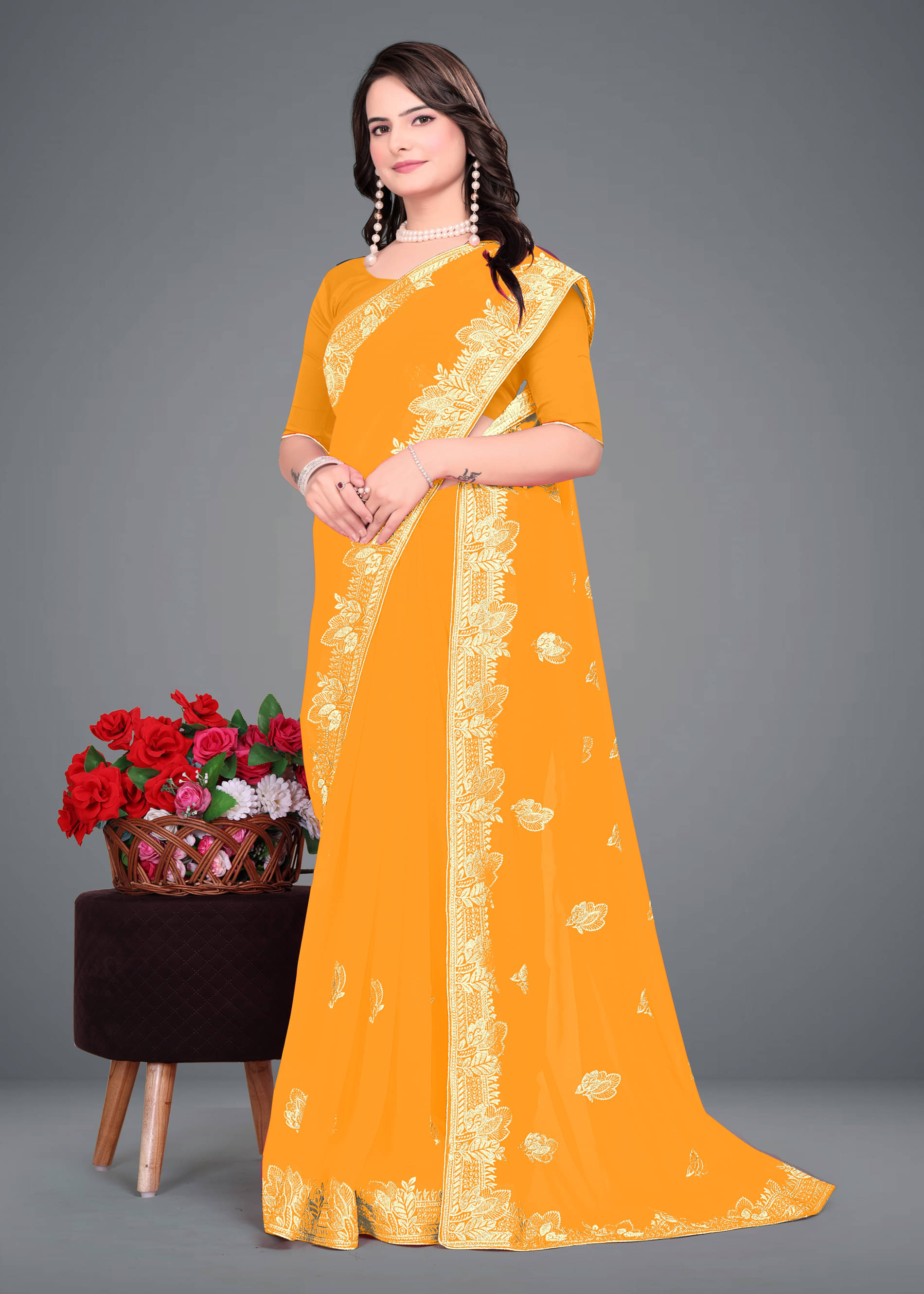 Om Shantam Sarees Georgette Embroidered Saree With Unstitched Blouse Piece ( Yellow )     			Om Shantam Sarees Georgette Embroidered Saree With Unstitched Blouse Piece ( Yellow )