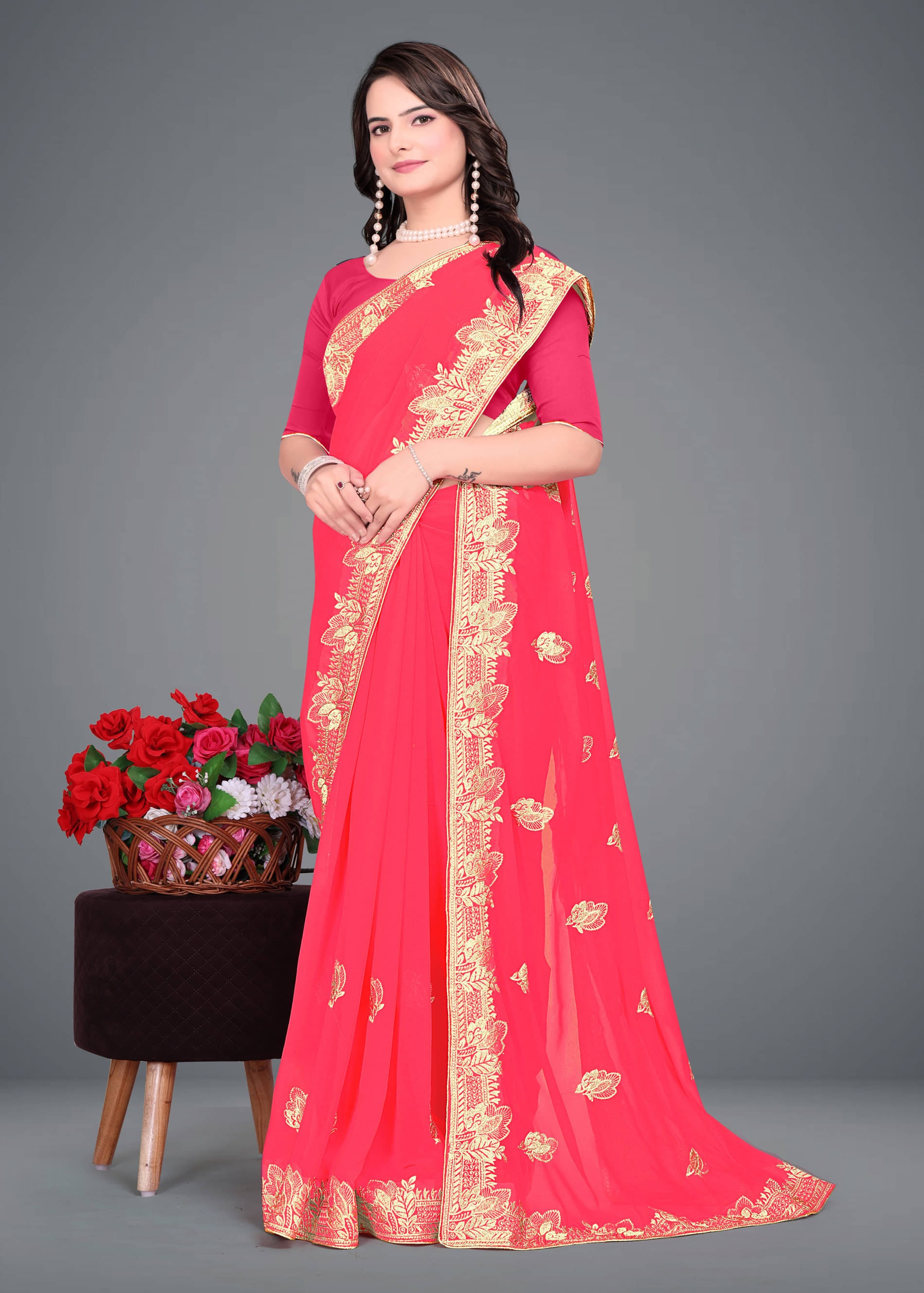     			Om Shantam Sarees Georgette Embroidered Saree With Unstitched Blouse Piece ( Pink )