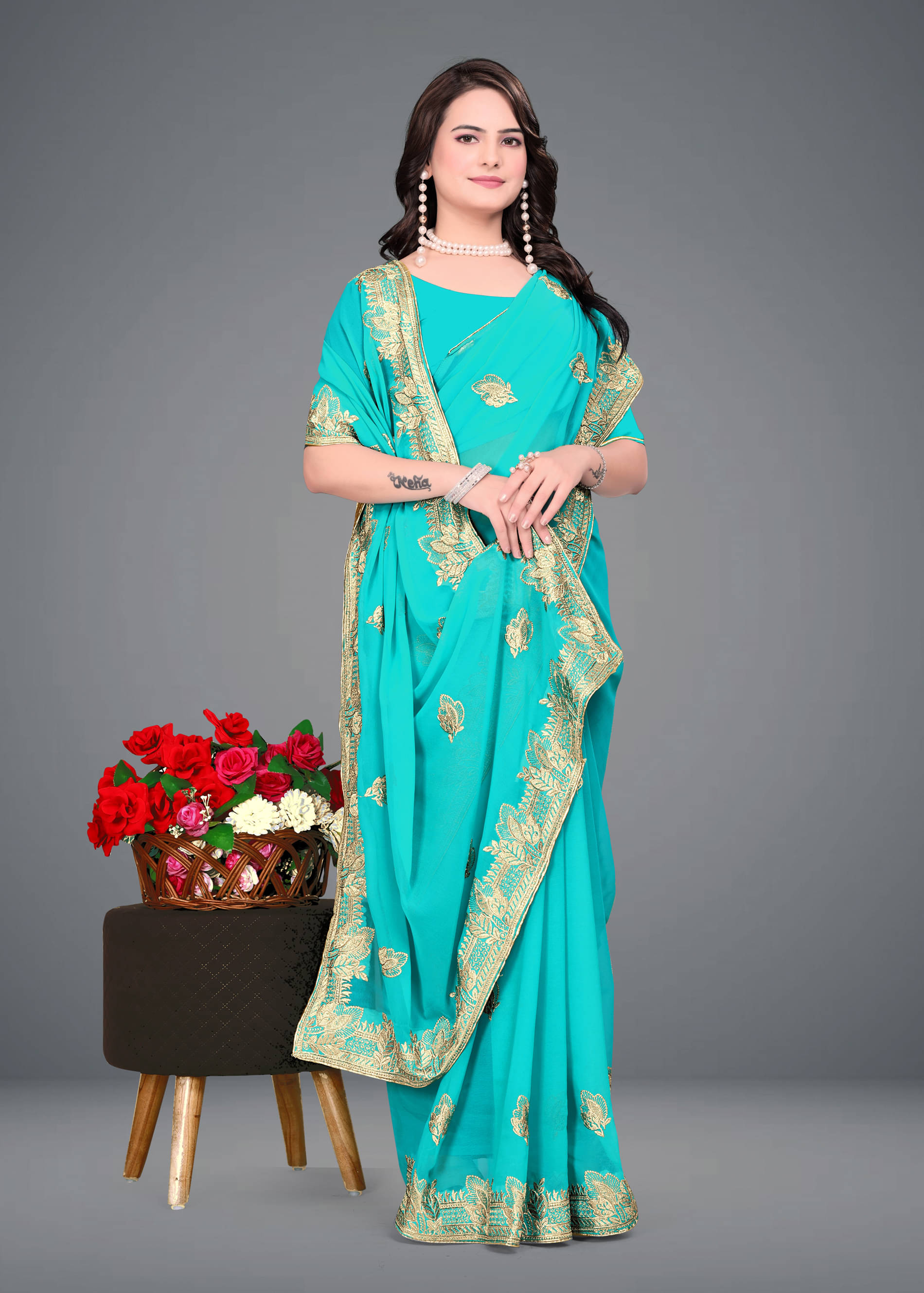     			Om Shantam Sarees Georgette Embroidered Saree With Unstitched Blouse Piece ( Turquoise )