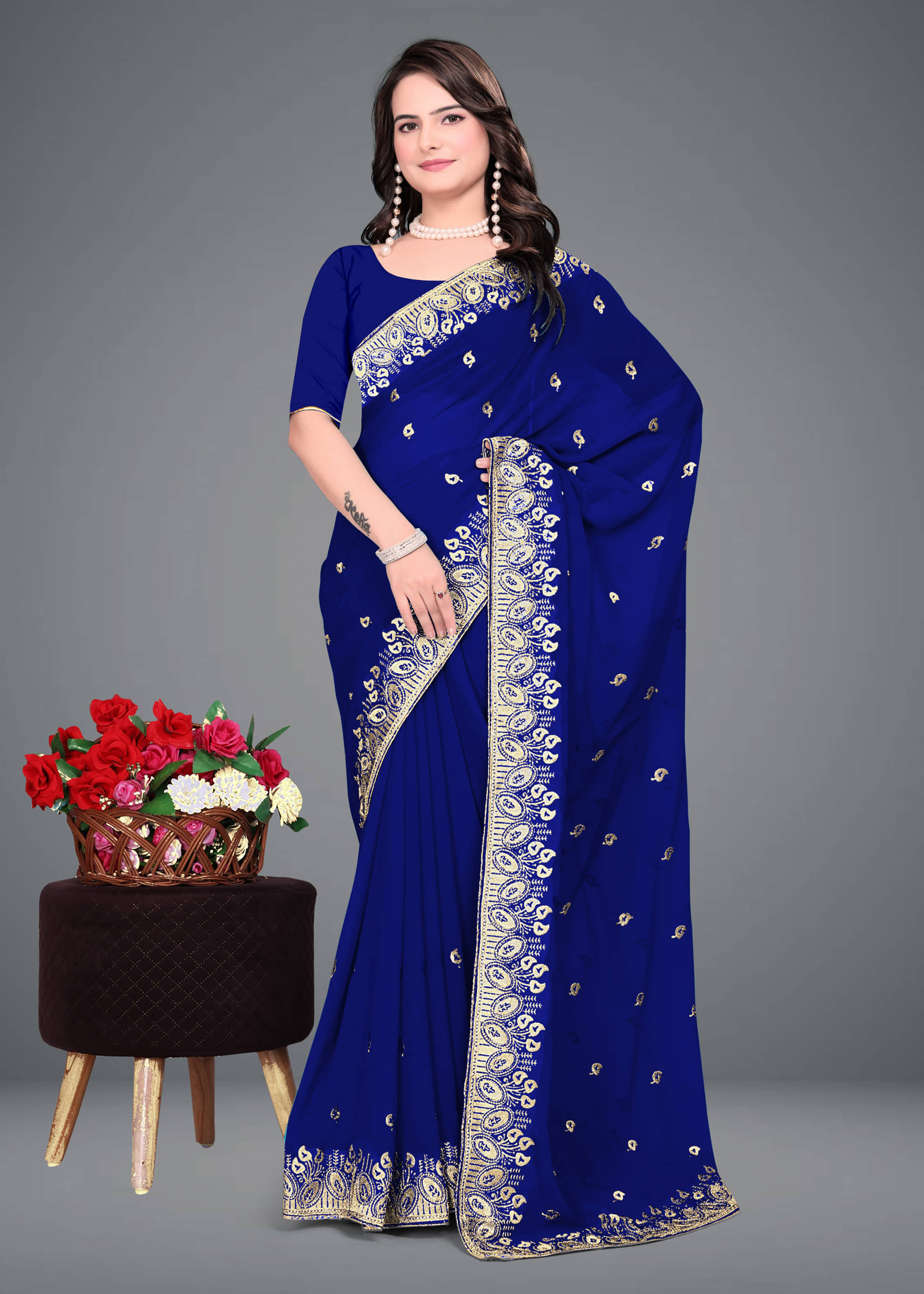 Om Shantam Sarees Georgette Embroidered Saree With Unstitched Blouse Piece ( Navy Blue )     			Om Shantam Sarees Georgette Embroidered Saree With Unstitched Blouse Piece ( Navy Blue )