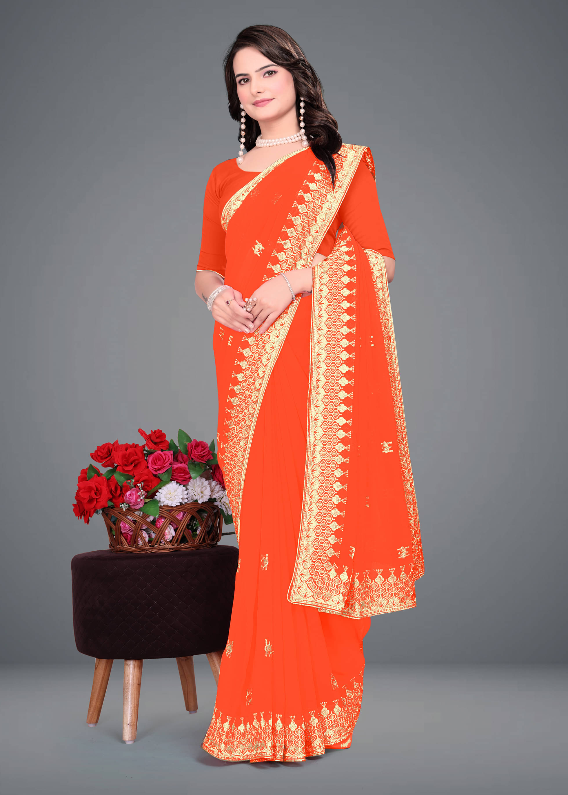     			Om Shantam Sarees Georgette Embroidered Saree With Unstitched Blouse Piece ( Orange )
