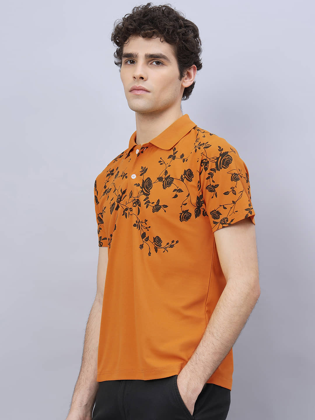 RELANE Men Cotton Blend Regular Fit Printed Polo T Shirt ( Mustard )