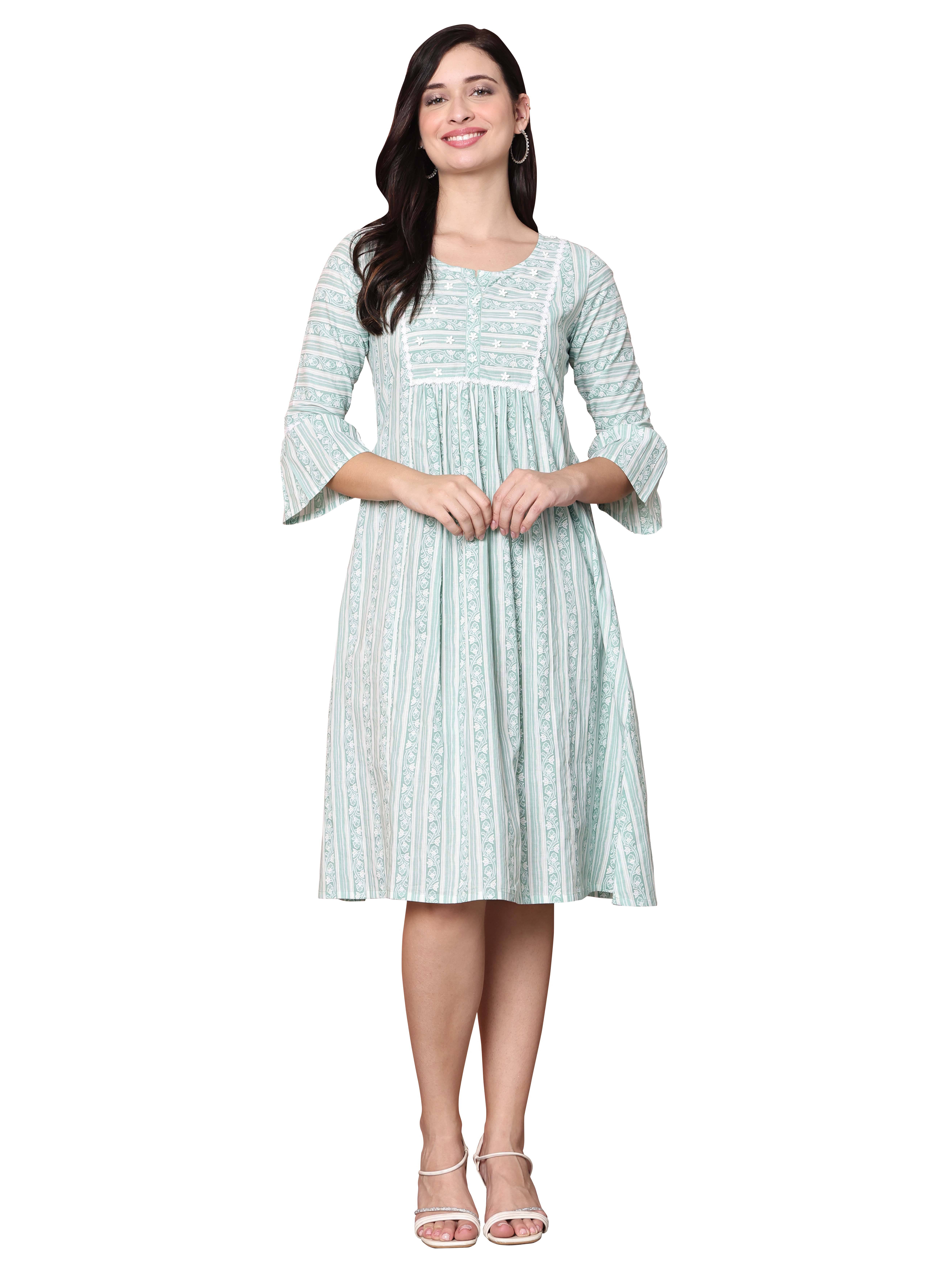     			Rajnandini Women Cotton Printed A-line Dress ( Sea Green )