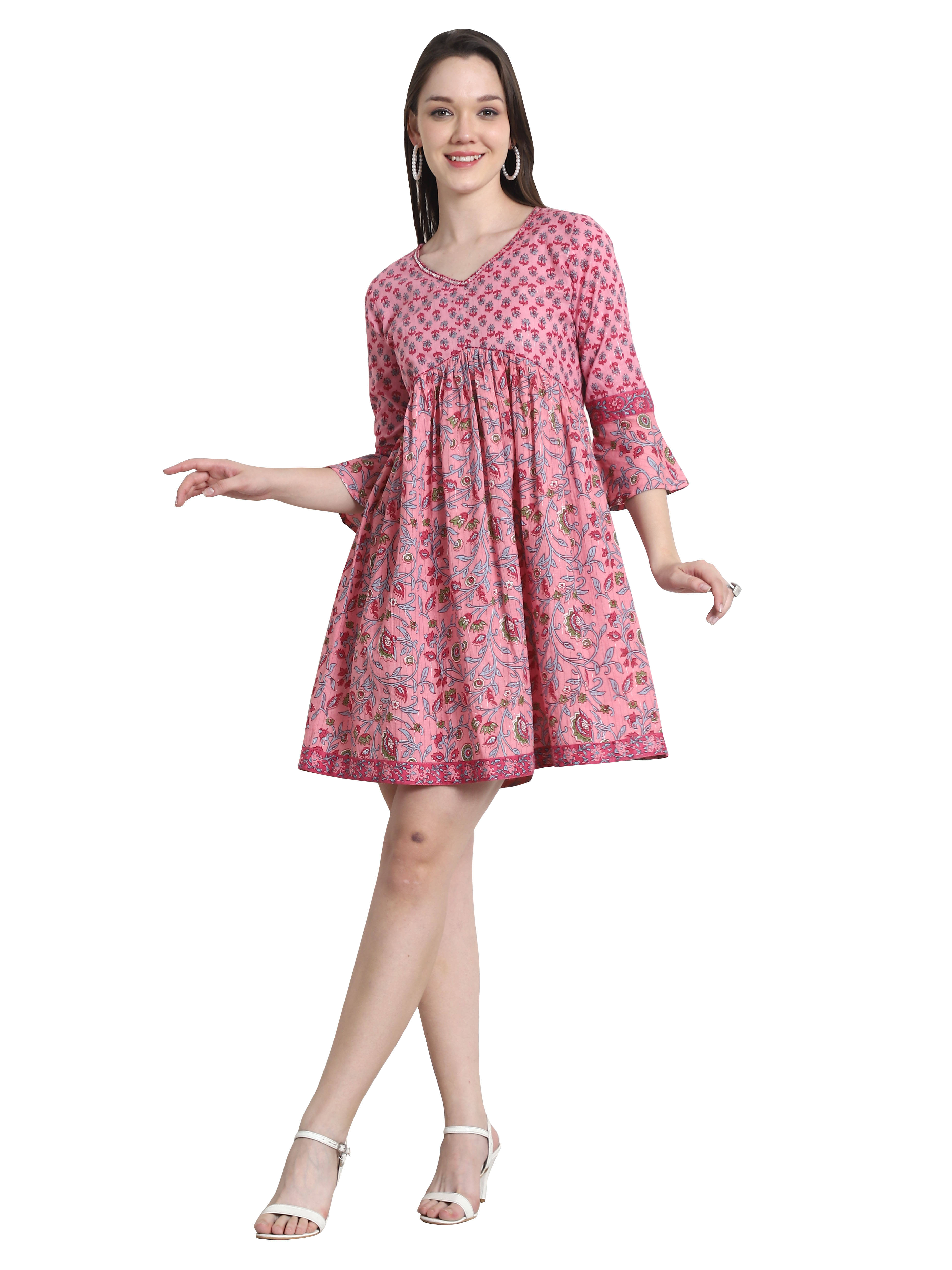 Rajnandini Women Cotton Printed A-line Dress ( Pink ) Rajnandini Women Cotton Printed A-line Dress ( Pink )