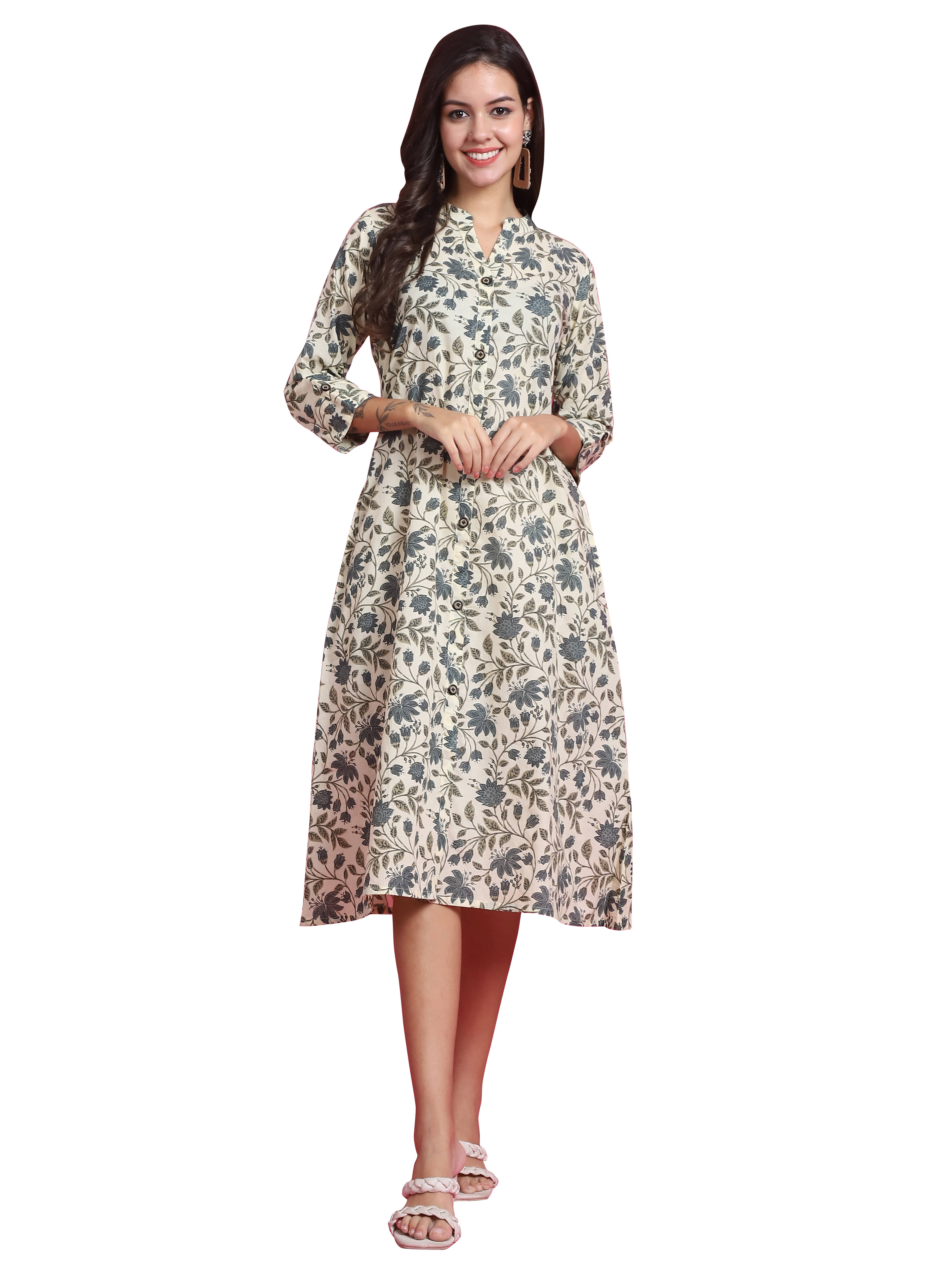     			Rajnandini Women Cotton Printed A-line Dress ( Beige )