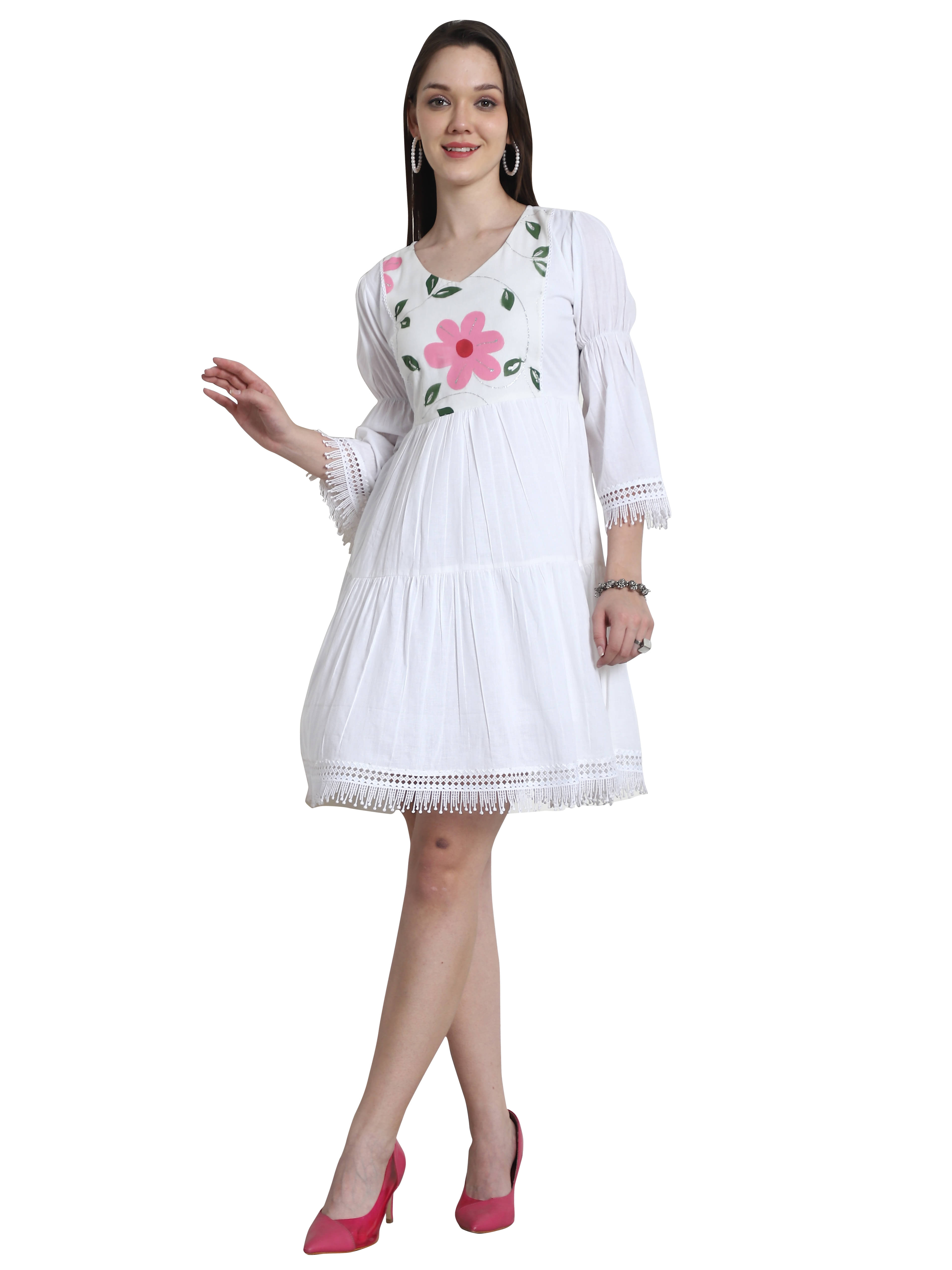     			Rajnandini Women Cotton Printed A-line Dress ( White )