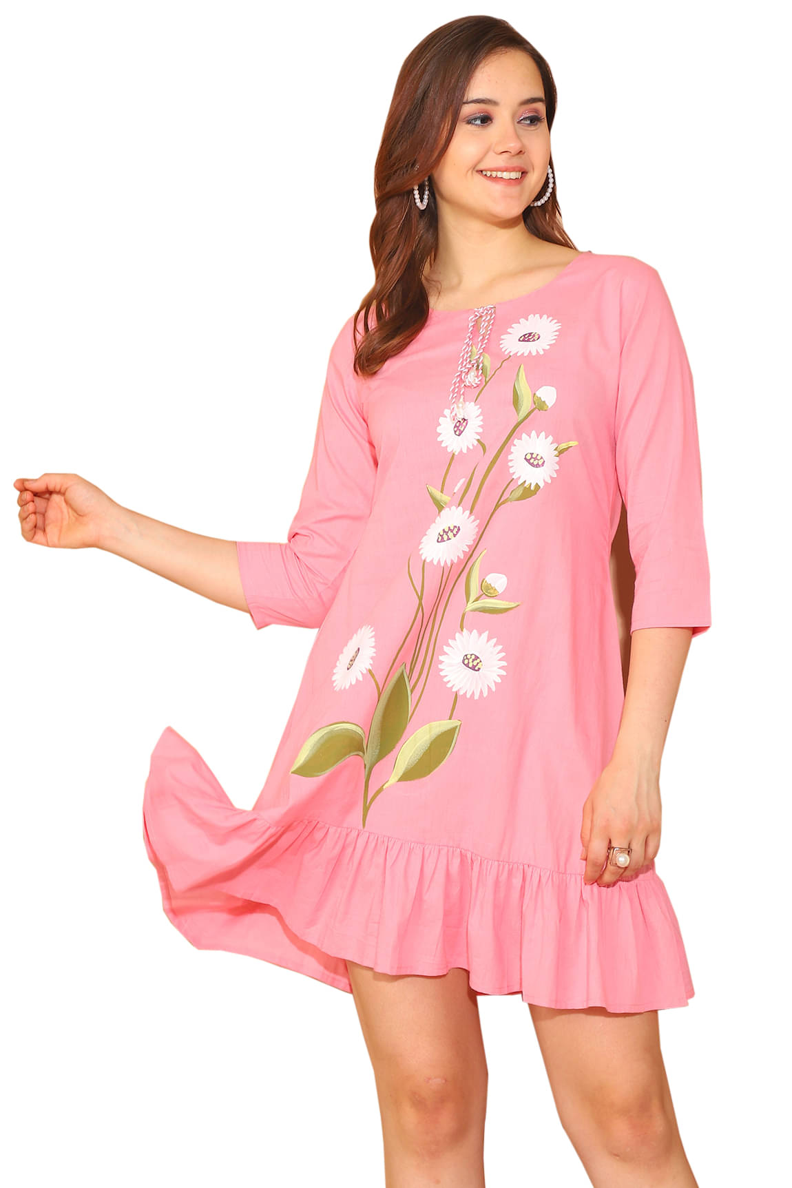 Rajnandini Women Cotton Printed A-line Dress ( Pink )     			Rajnandini Women Cotton Printed A-line Dress ( Pink )