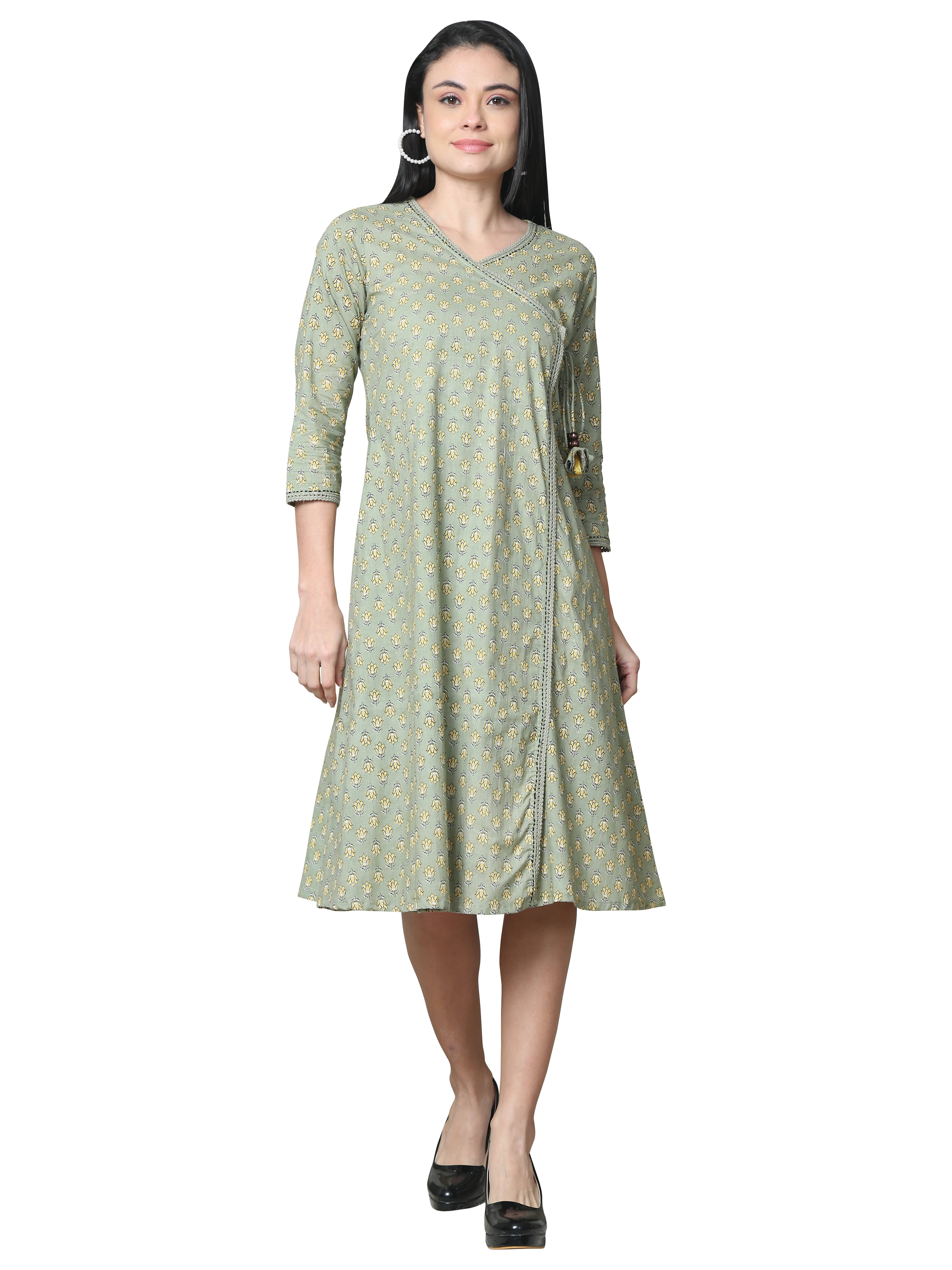 Rajnandini Women Cotton Printed A-line Dress ( Olive )     			Rajnandini Women Cotton Printed A-line Dress ( Olive )