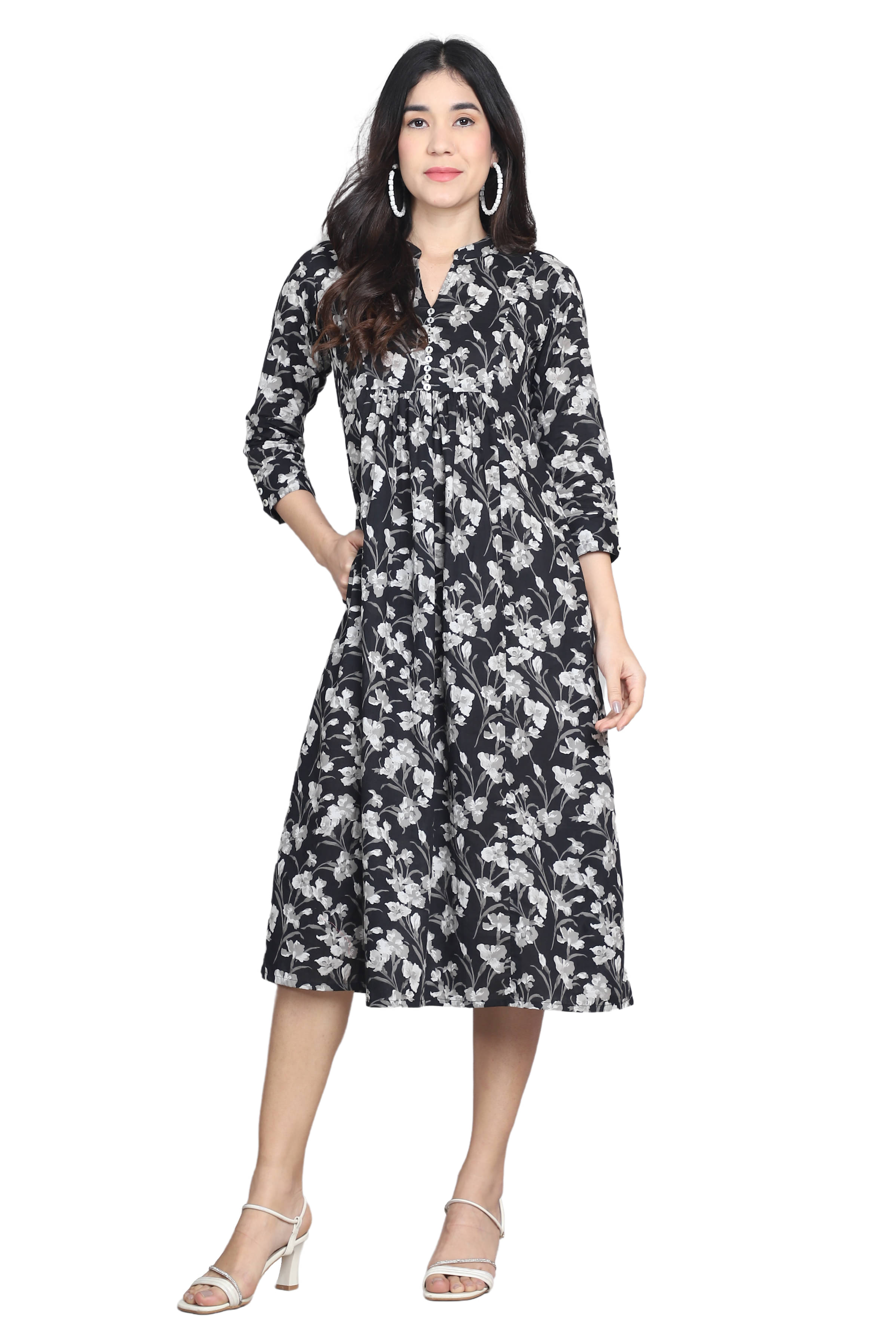     			Rajnandini Women Cotton Printed A-line Dress ( Black )