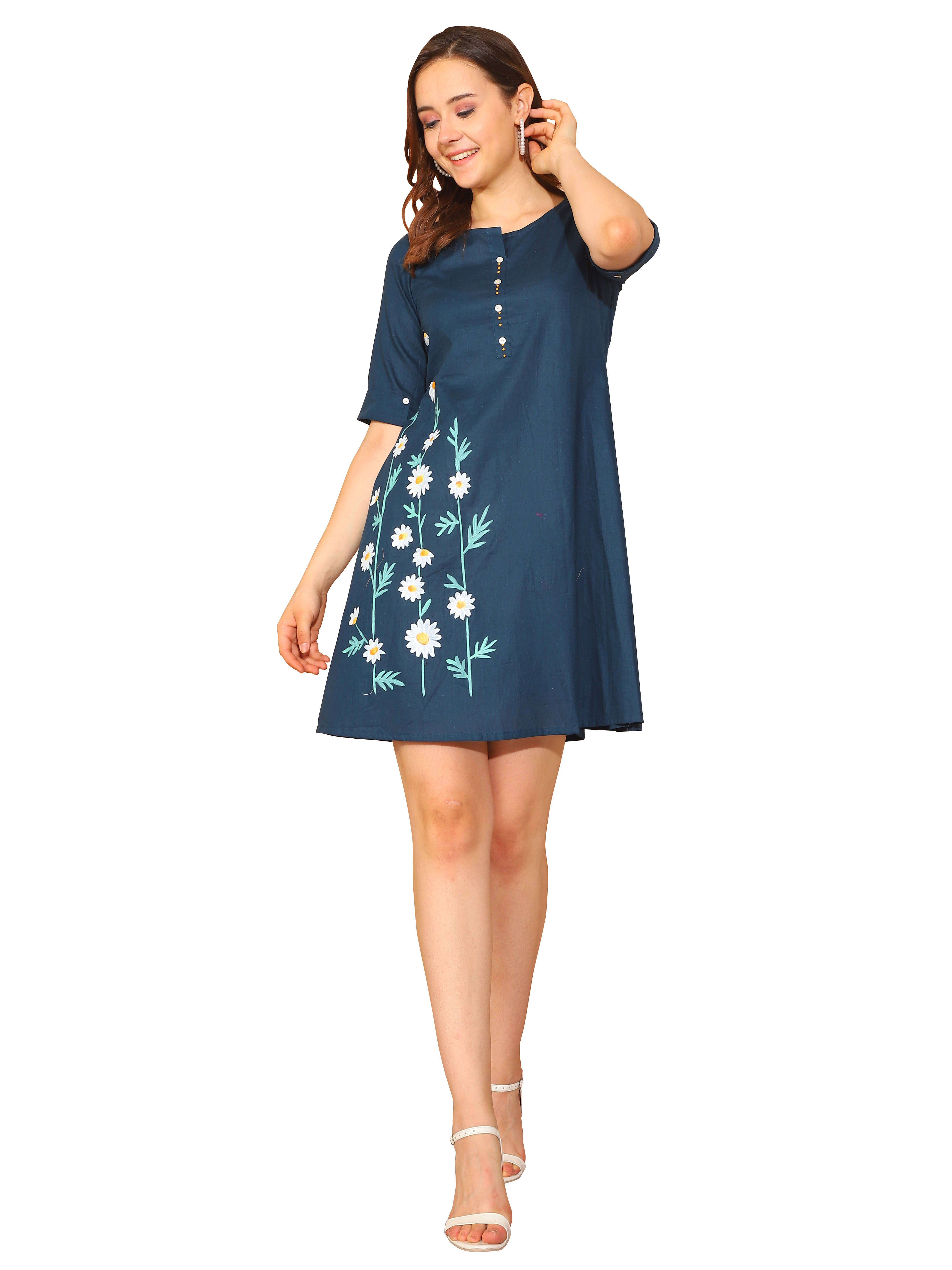     			Rajnandini Women Cotton Printed A-line Dress ( Navy Blue )