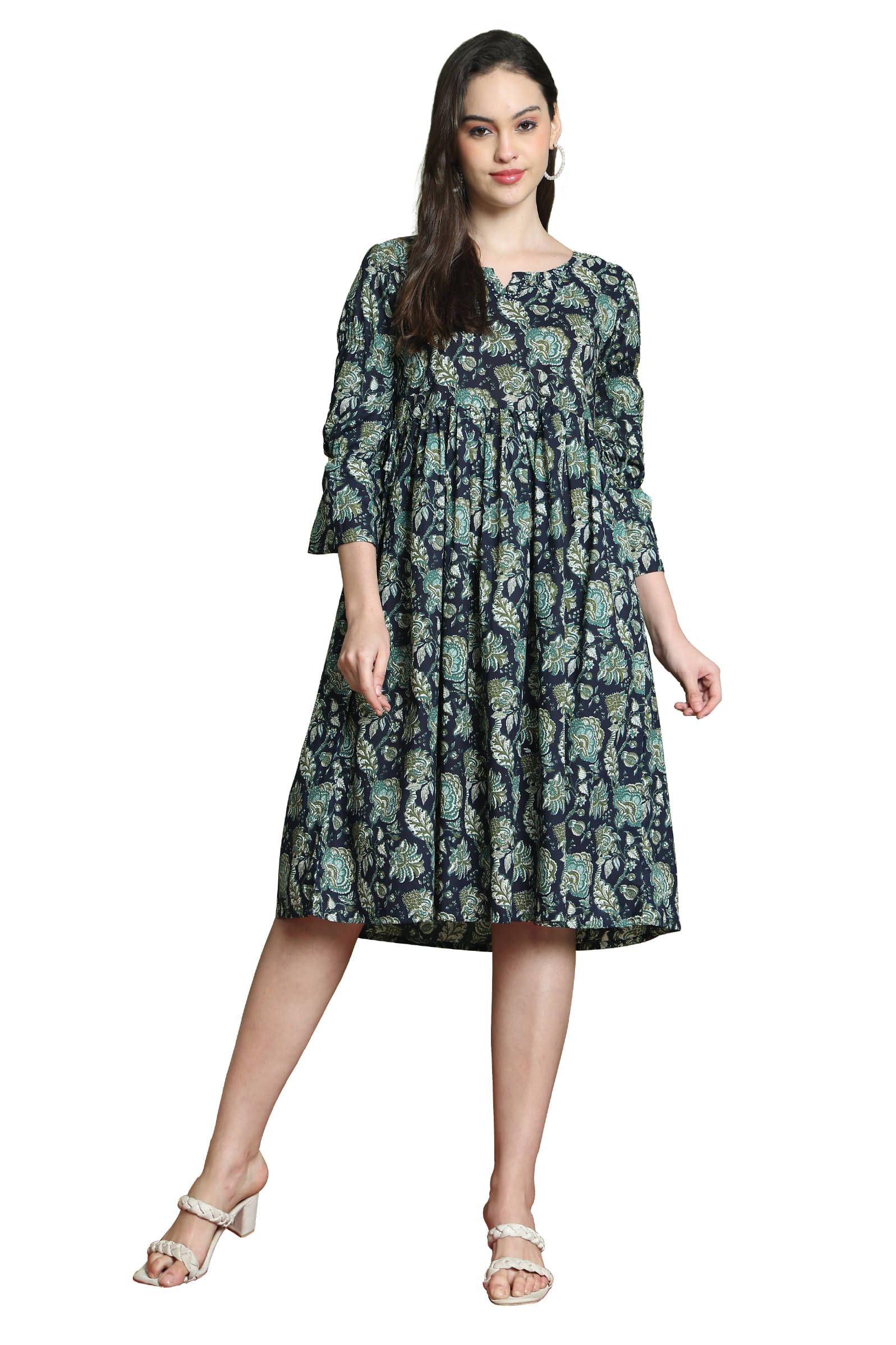 Rajnandini Women Cotton Printed A-line Dress ( Navy Blue )     			Rajnandini Women Cotton Printed A-line Dress ( Navy Blue )