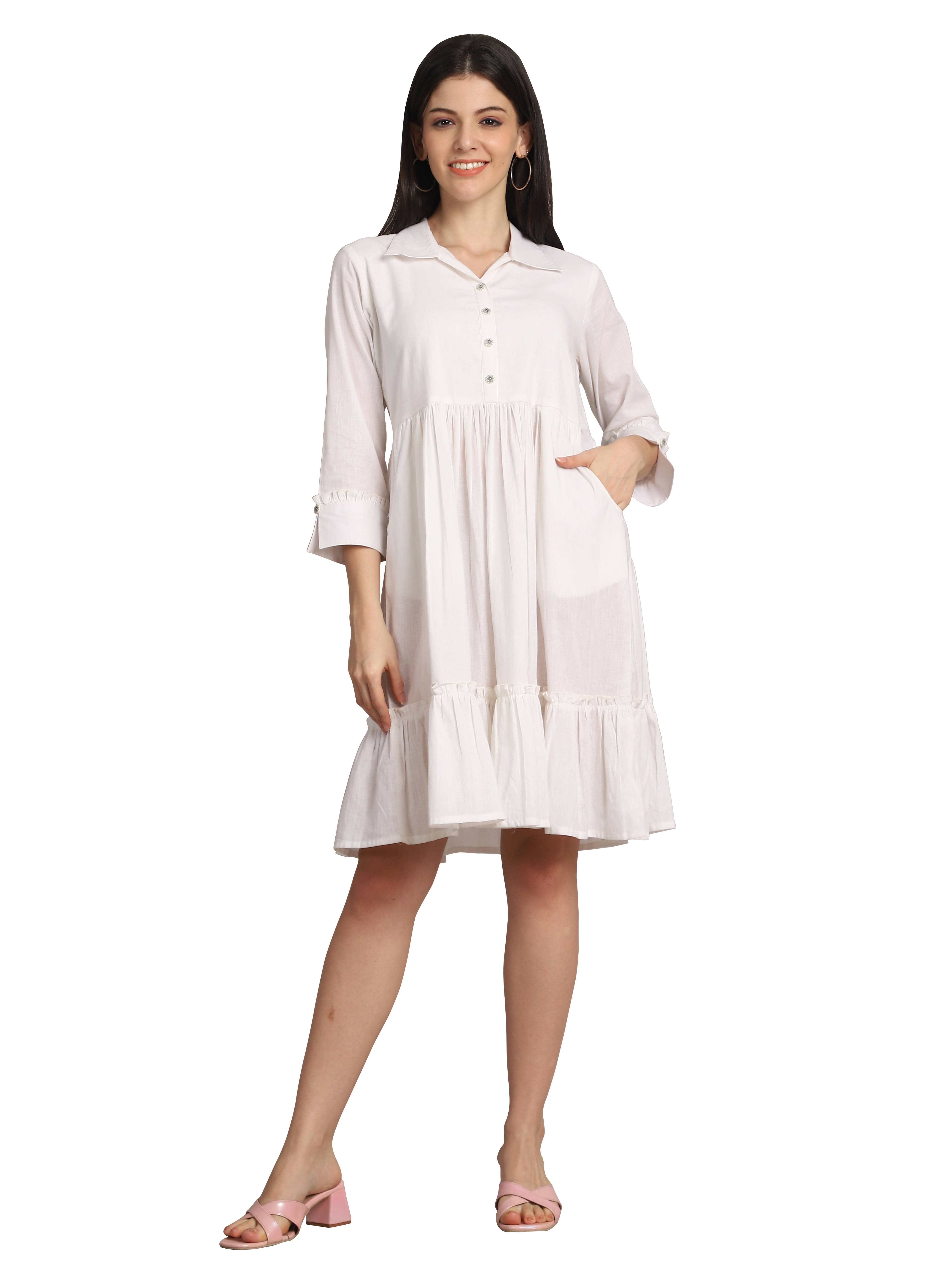     			Rajnandini Women Cotton Solid A-line Dress ( White )