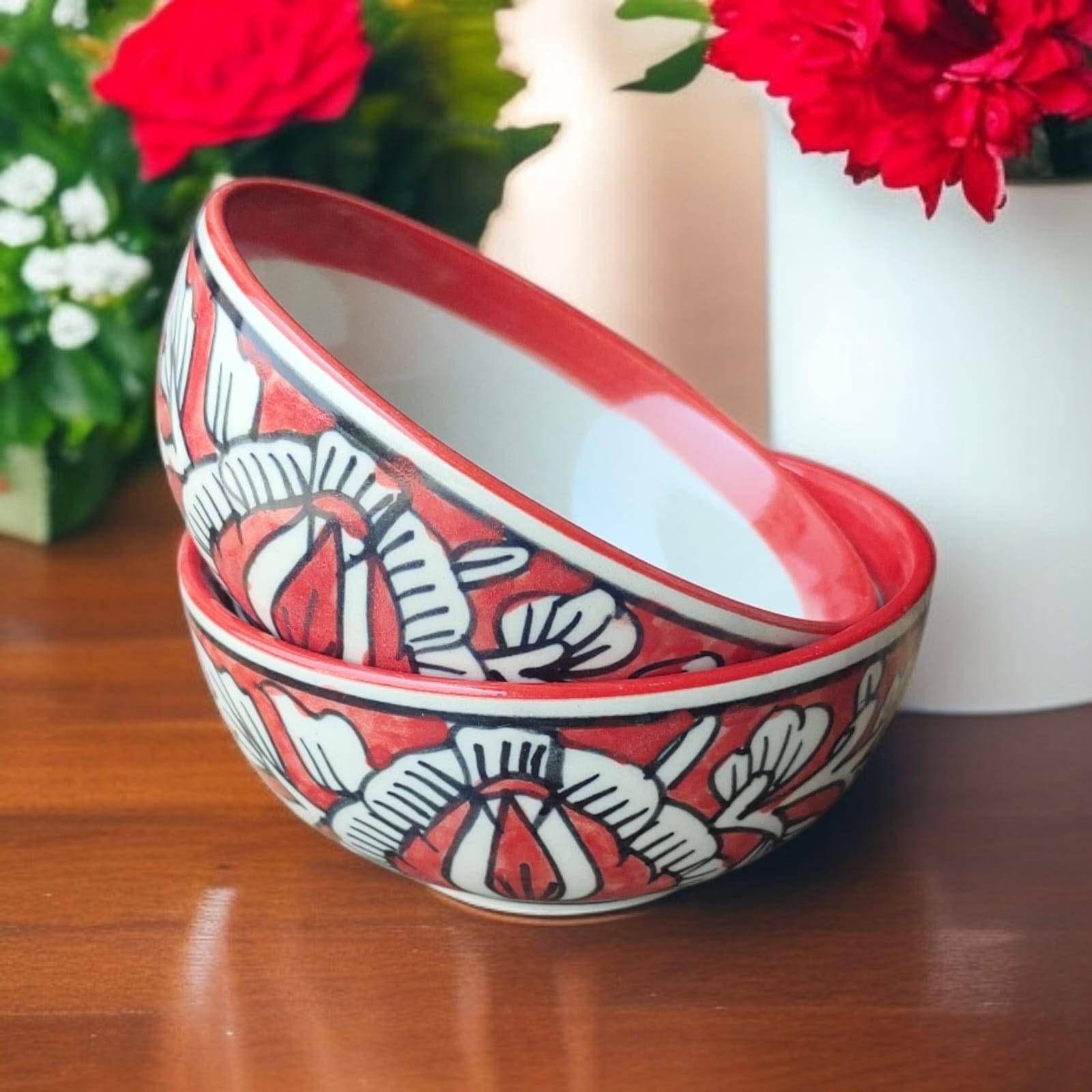 Rizasta Bowl Ceramic Printed Serving Bowl 10 cm ( Set of 2 ) Red Rizasta Bowl Ceramic Printed Serving Bowl 10 cm ( Set of 2 ) Red