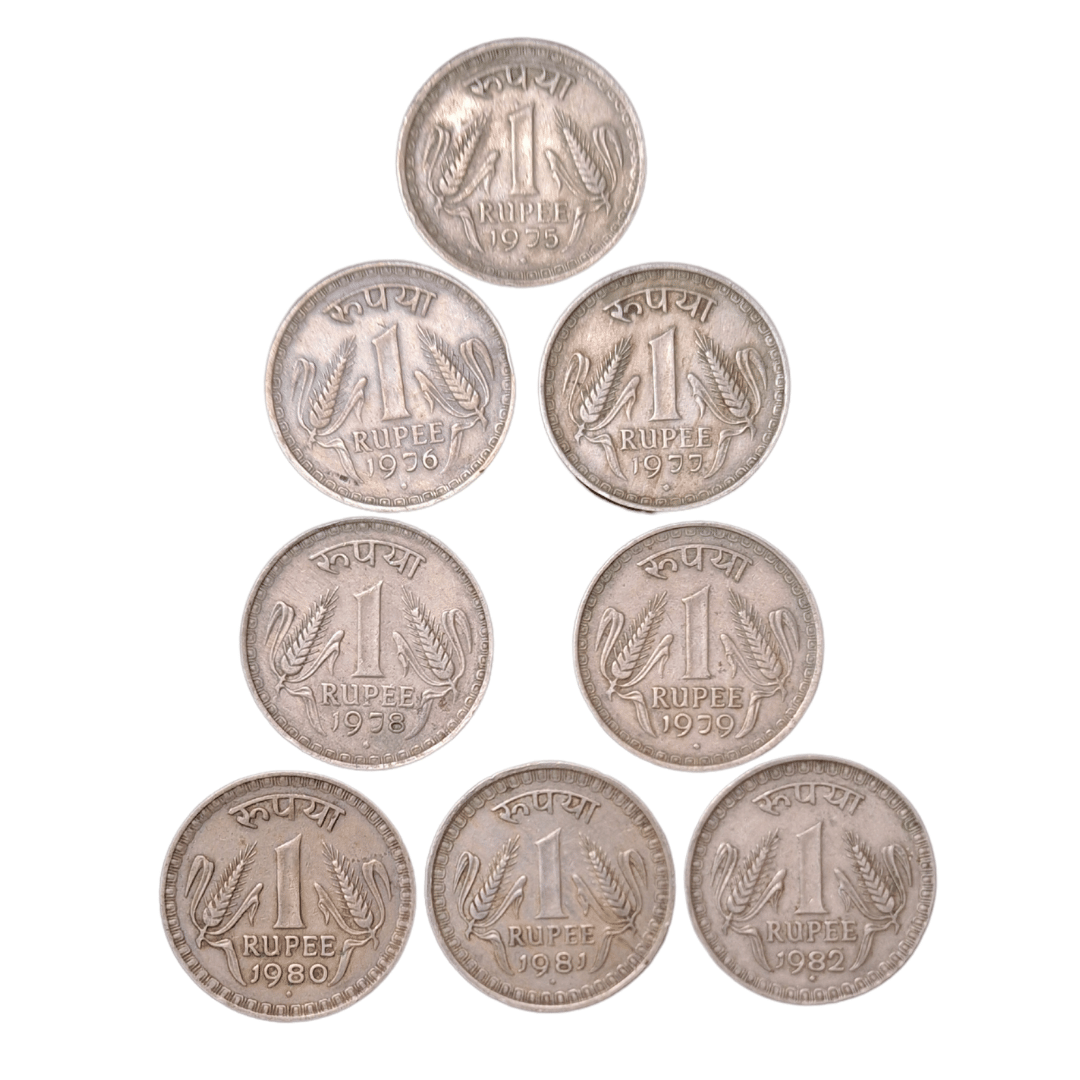SHUBHCOINS 1 Rupee Dabbu Big Size (1975-1982), Complete Set of 8 Coins (Very Fine Condition), Ideal for Students and Adults SHUBHCOINS 1 Rupee Dabbu Big Size (1975-1982), Complete Set of 8 Coins (Very Fine Condition), Ideal for Students and Adults