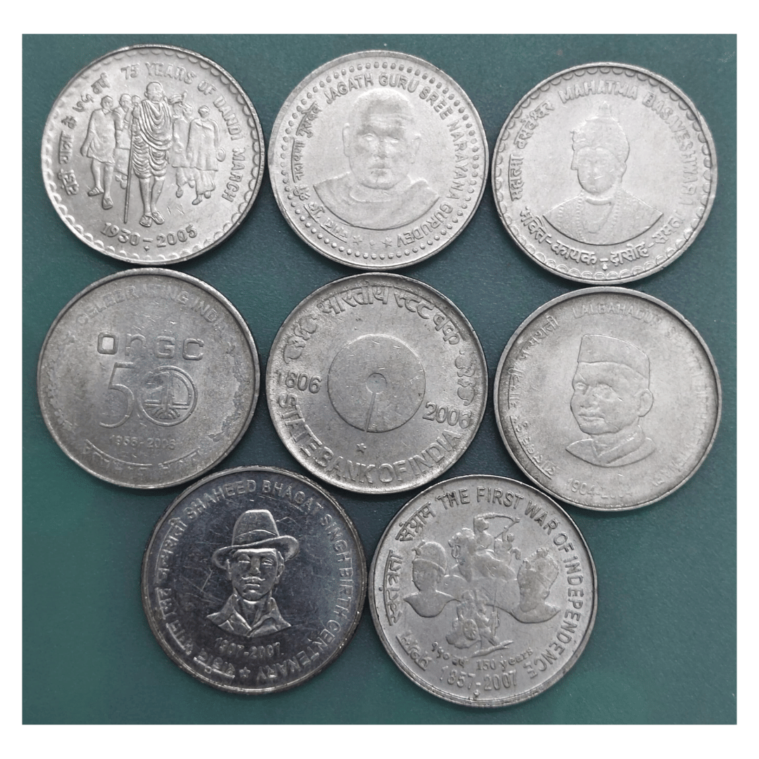     			SHUBHCOINS Old 5 Rupee Commemorative Set of 8 Coins, Steel, Very Rare Coins, Mix Years, Very Fine Condition, Best for Students and Adults