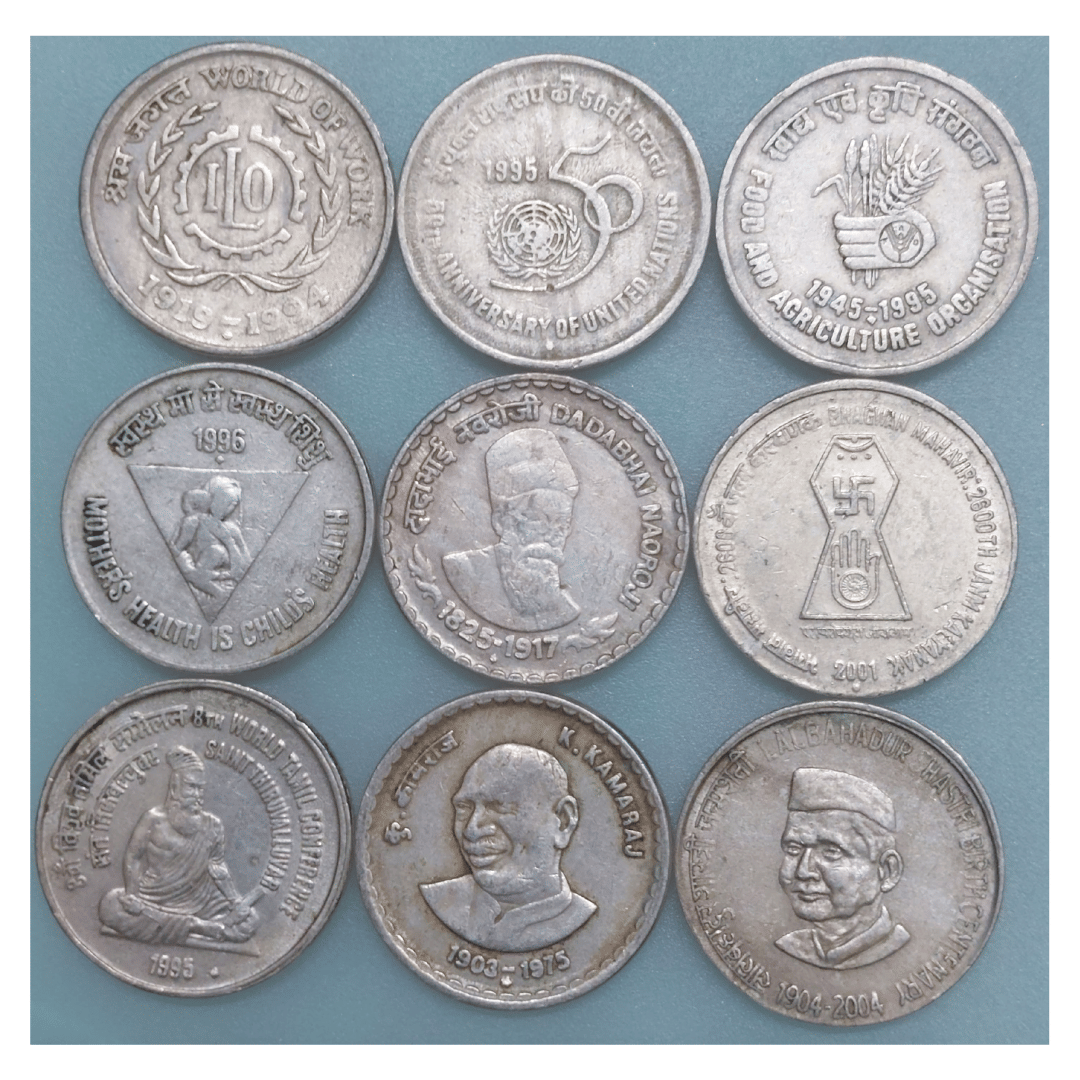 SHUBHCOINS Old 5 Rupee Commemorative Set of 9 Coins, Copper-Nickel, Very Rare Coins, Mix Years, Very Fine Condition, Best for Students SHUBHCOINS Old 5 Rupee Commemorative Set of 9 Coins, Copper-Nickel, Very Rare Coins, Mix Years, Very Fine Condition, Best for Students