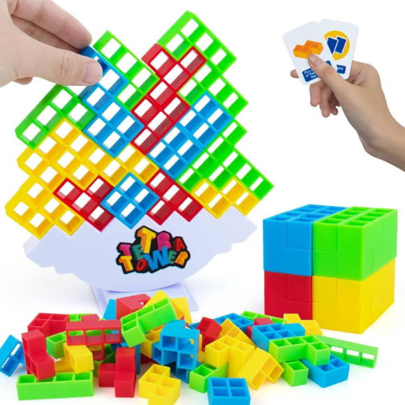     			Tetra Tower Game 32 Pcs (4 Different Shapes) Stack Tower Blocks with 22 Card Game, Swing Stack Balance Building Block Interactive STEM Toy