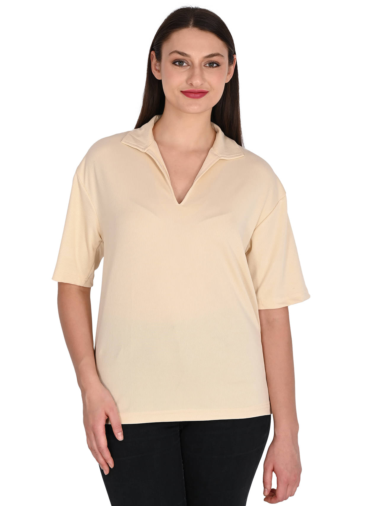 Traquila Women Cotton Solid Regular Polo Collar T-Shirt ( Beige ) Traquila Women Cotton Solid Regular Polo Collar T-Shirt ( Beige )