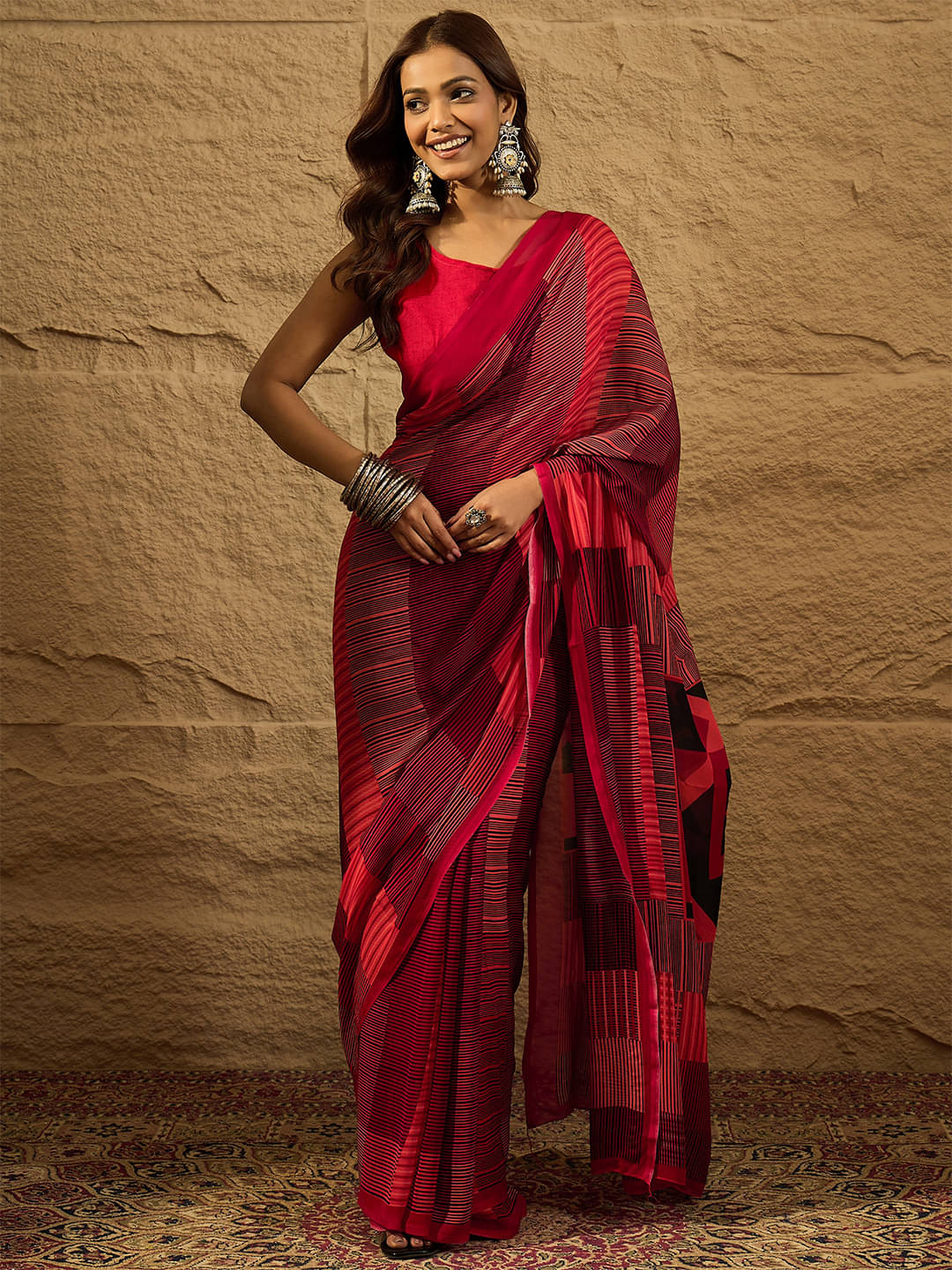    			Vaamsi Georgette Printed Saree With Unstitched Blouse Piece ( Red )