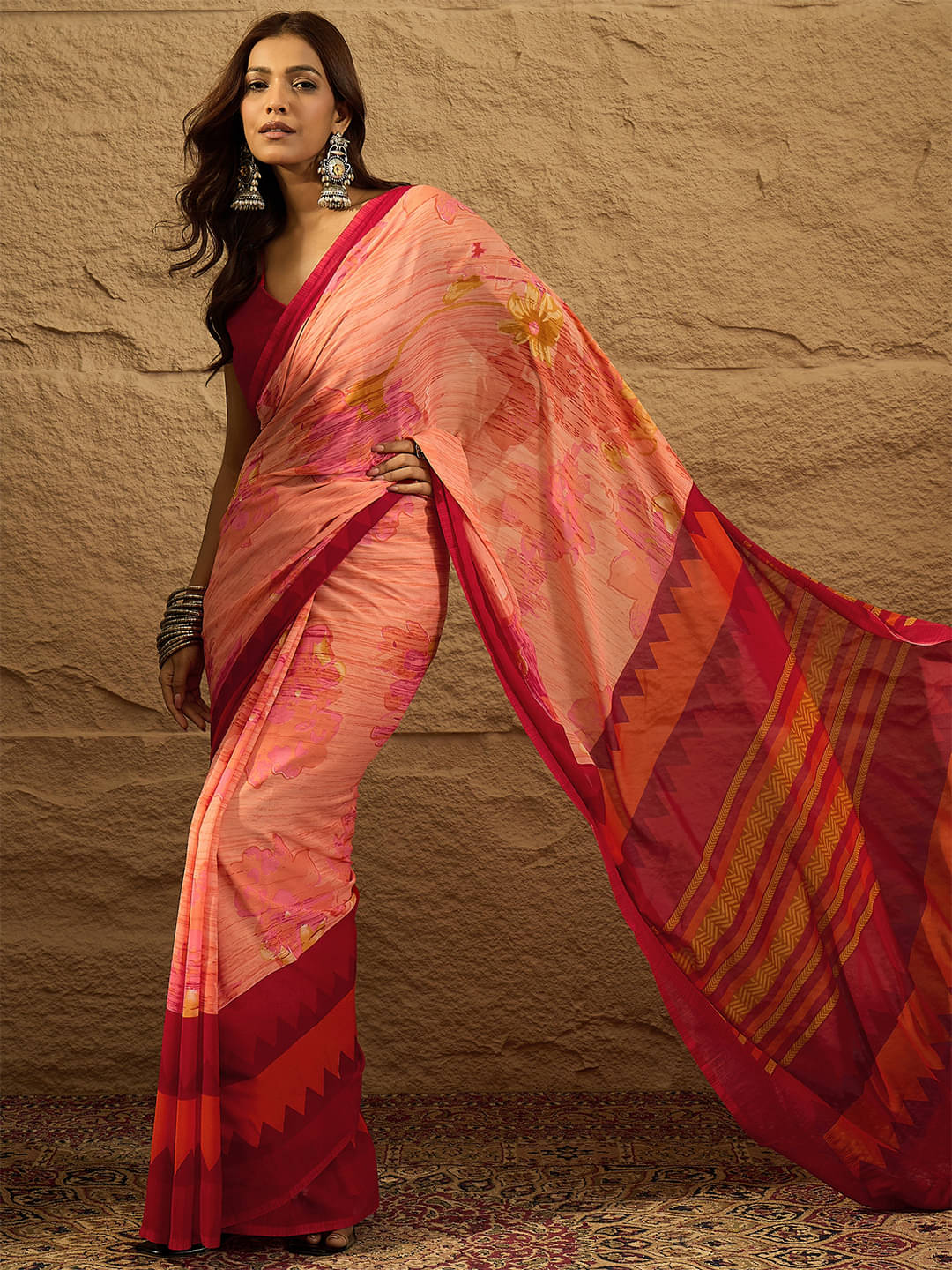Vaamsi Georgette Printed Saree With Unstitched Blouse Piece ( Orange ) Vaamsi Georgette Printed Saree With Unstitched Blouse Piece ( Orange )