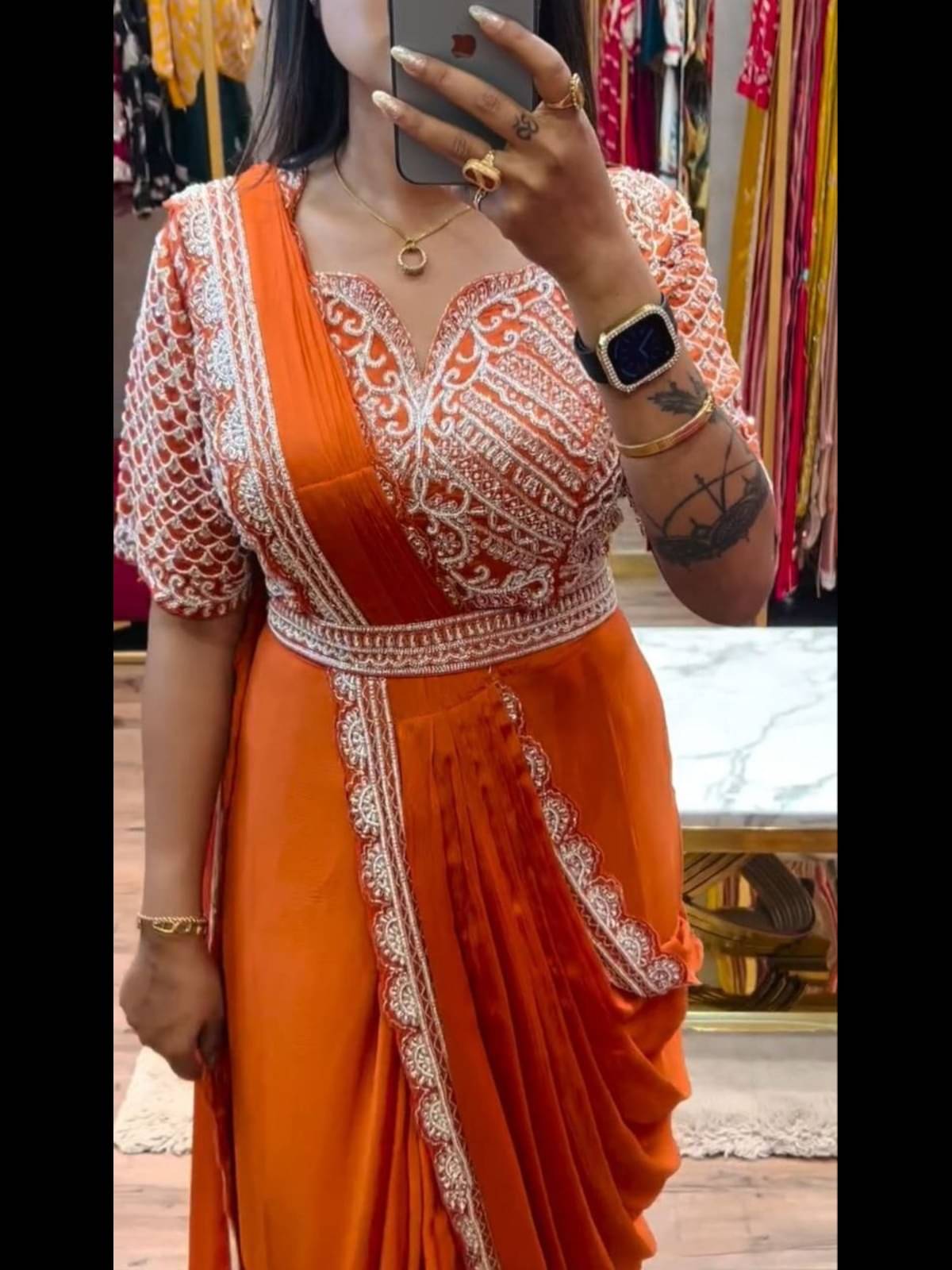 kastbhanjan Chiffon Embroidered Saree With Stitched Blouse ( Orange ) kastbhanjan Chiffon Embroidered Saree With Stitched Blouse ( Orange )