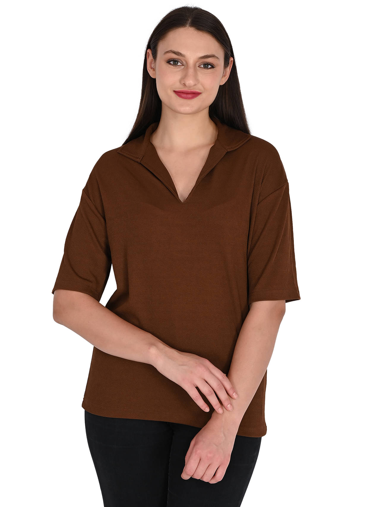     			wanquila Women Cotton Solid Regular Polo Collar T-Shirt ( Brown )