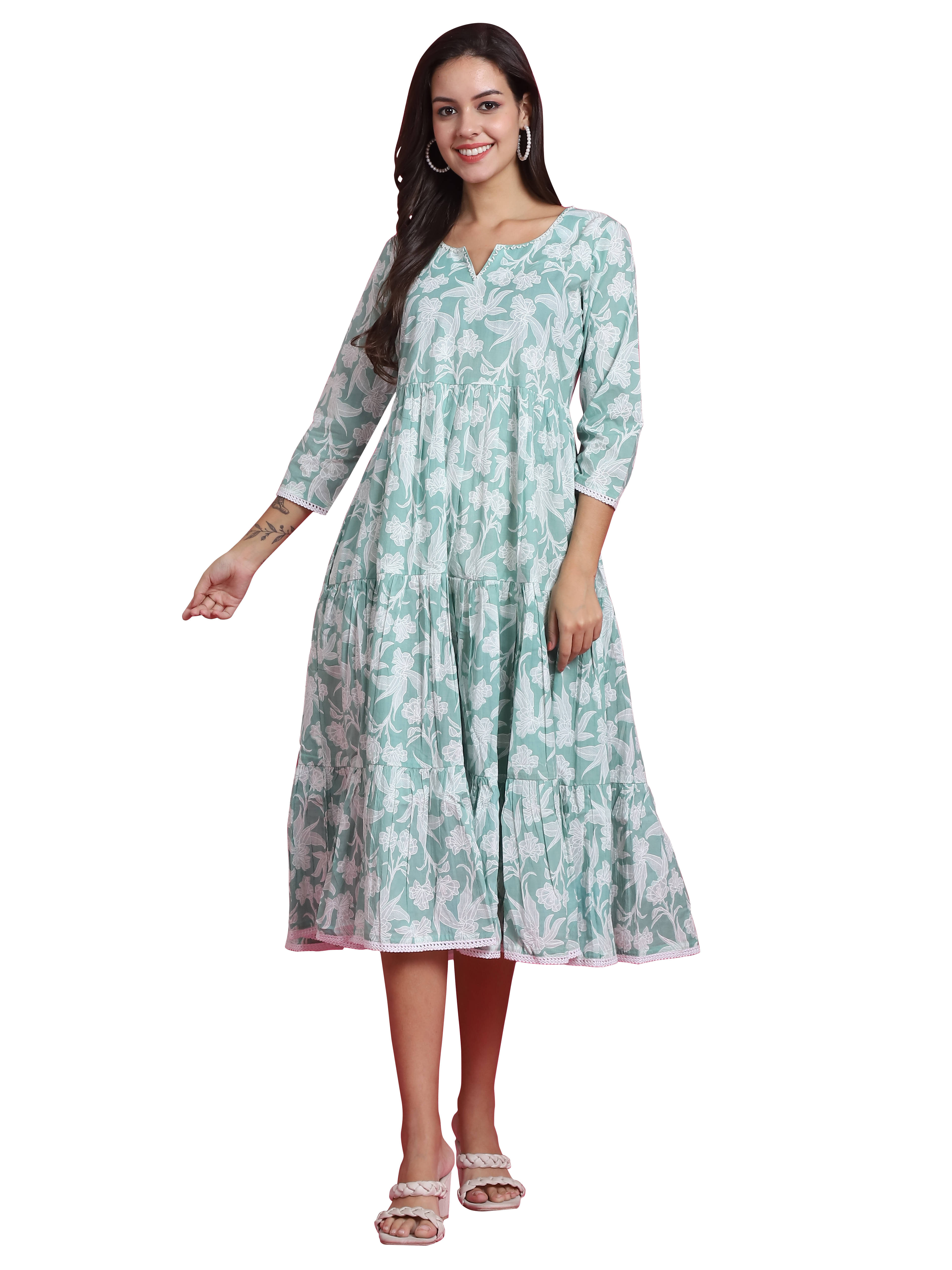     			wonder weave Women Cotton Printed A-line Dress ( Sea Green )