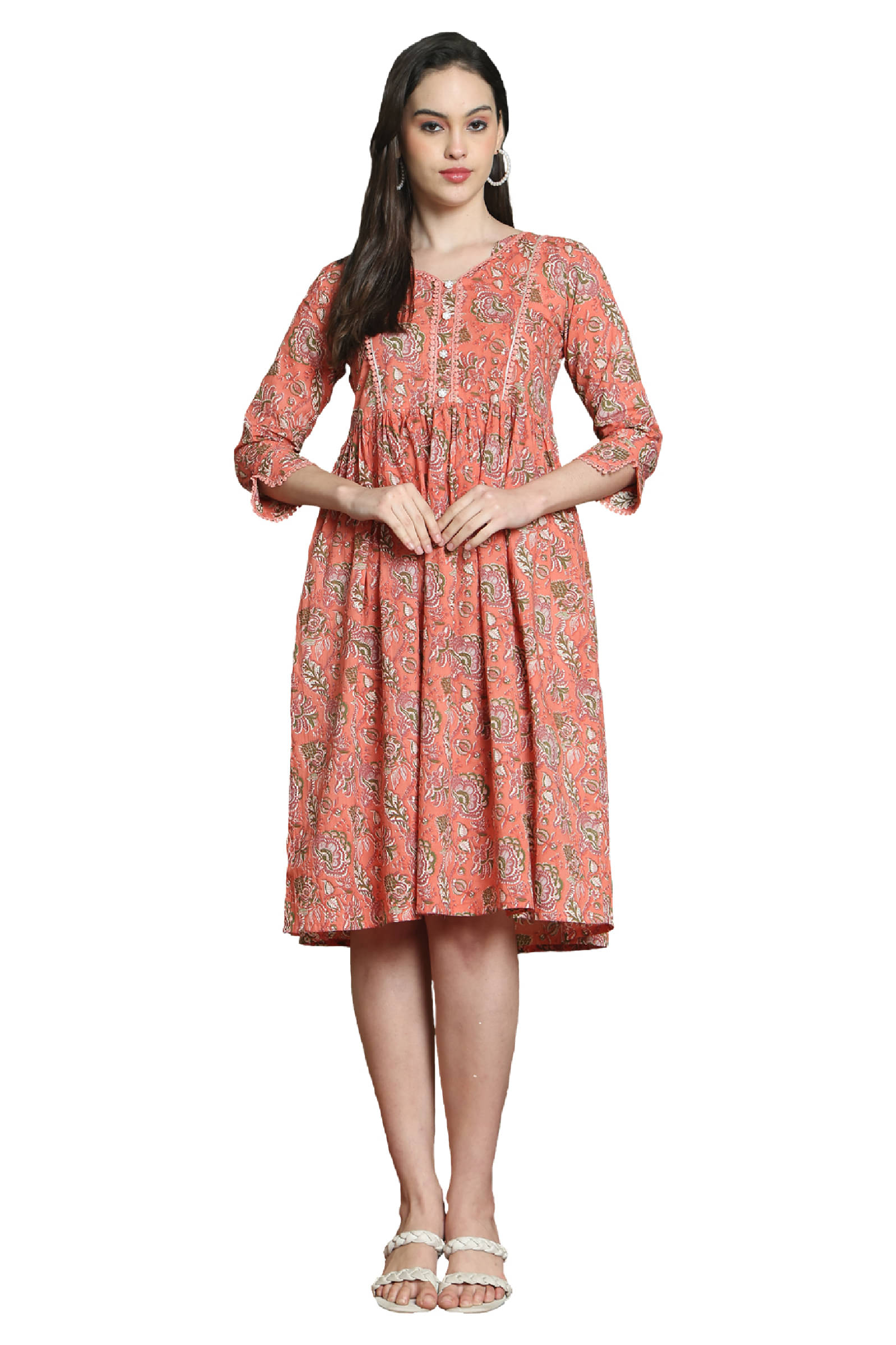 wonder weave Women Cotton Printed A-line Dress ( Orange ) wonder weave Women Cotton Printed A-line Dress ( Orange )